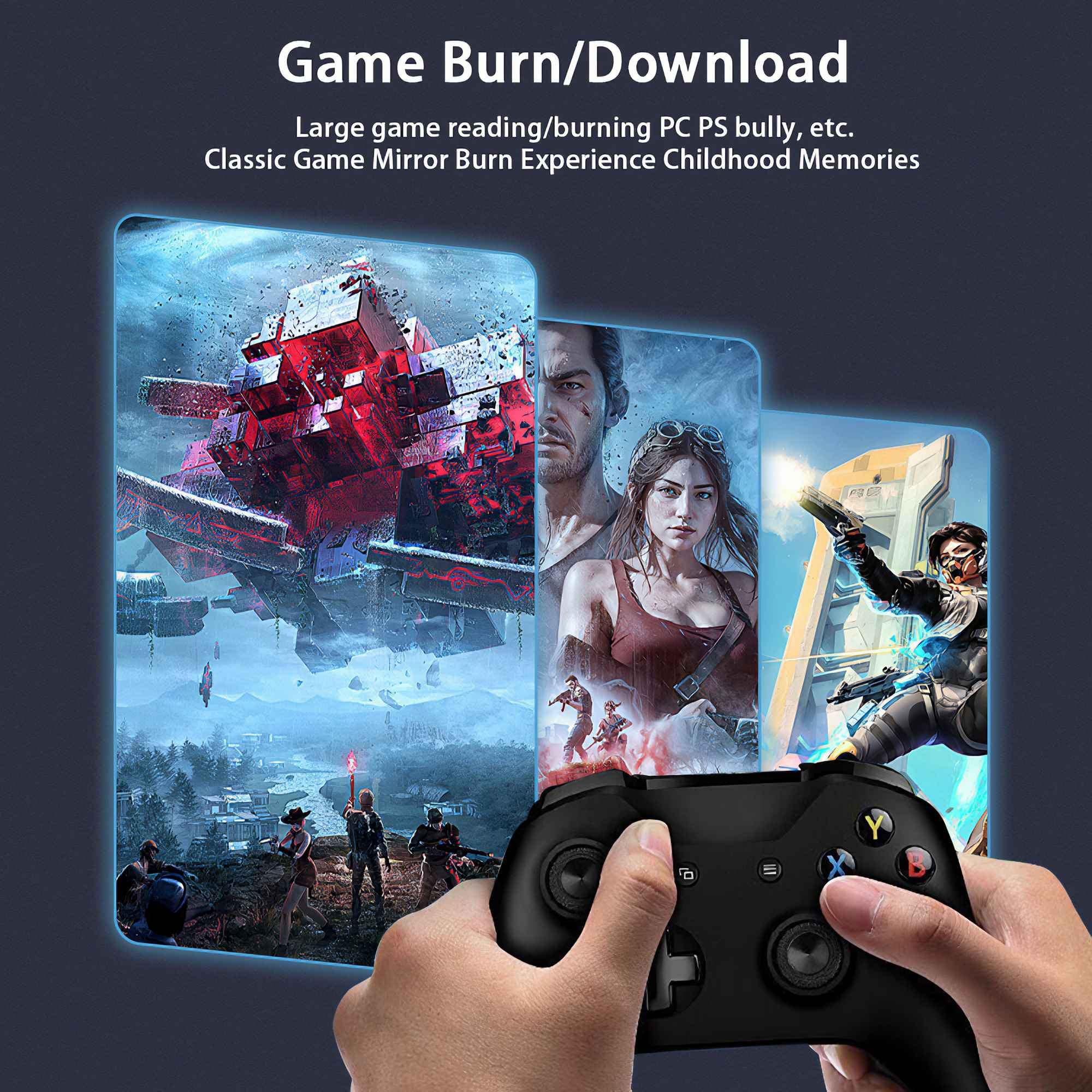 Eine Hand hält einen schwarzen Gamecontroller. Drei Spielszenen sind sichtbar: Sci-Fi, Krieg und eine Zombie-Szene.