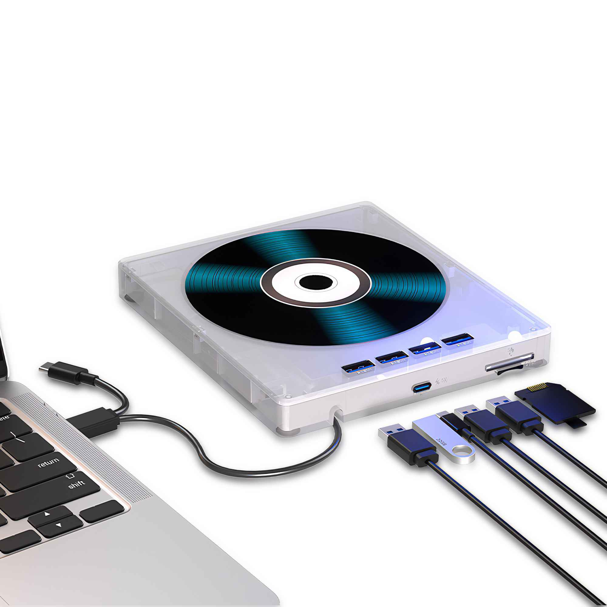 Ein Laptop ist mit einem transparenten Hub mit CD-Design verbunden. Verschiedene USB-Geräte und eine Speicherkarte sind angeschlossen.