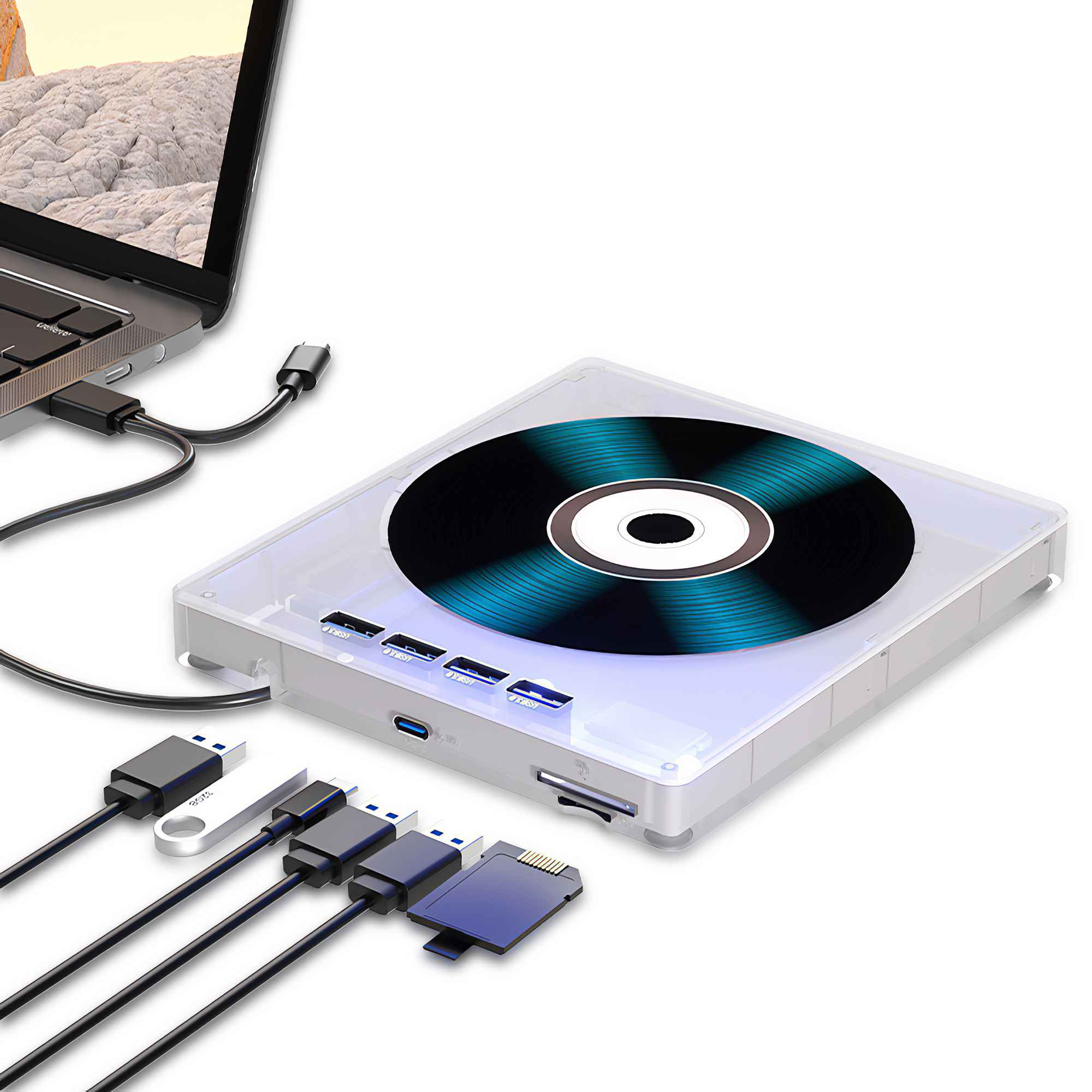 Ein Laptop, der mit einem transparenten Gerät mit CD verbunden ist. Kabel und Anschlüsse sind sichtbar.