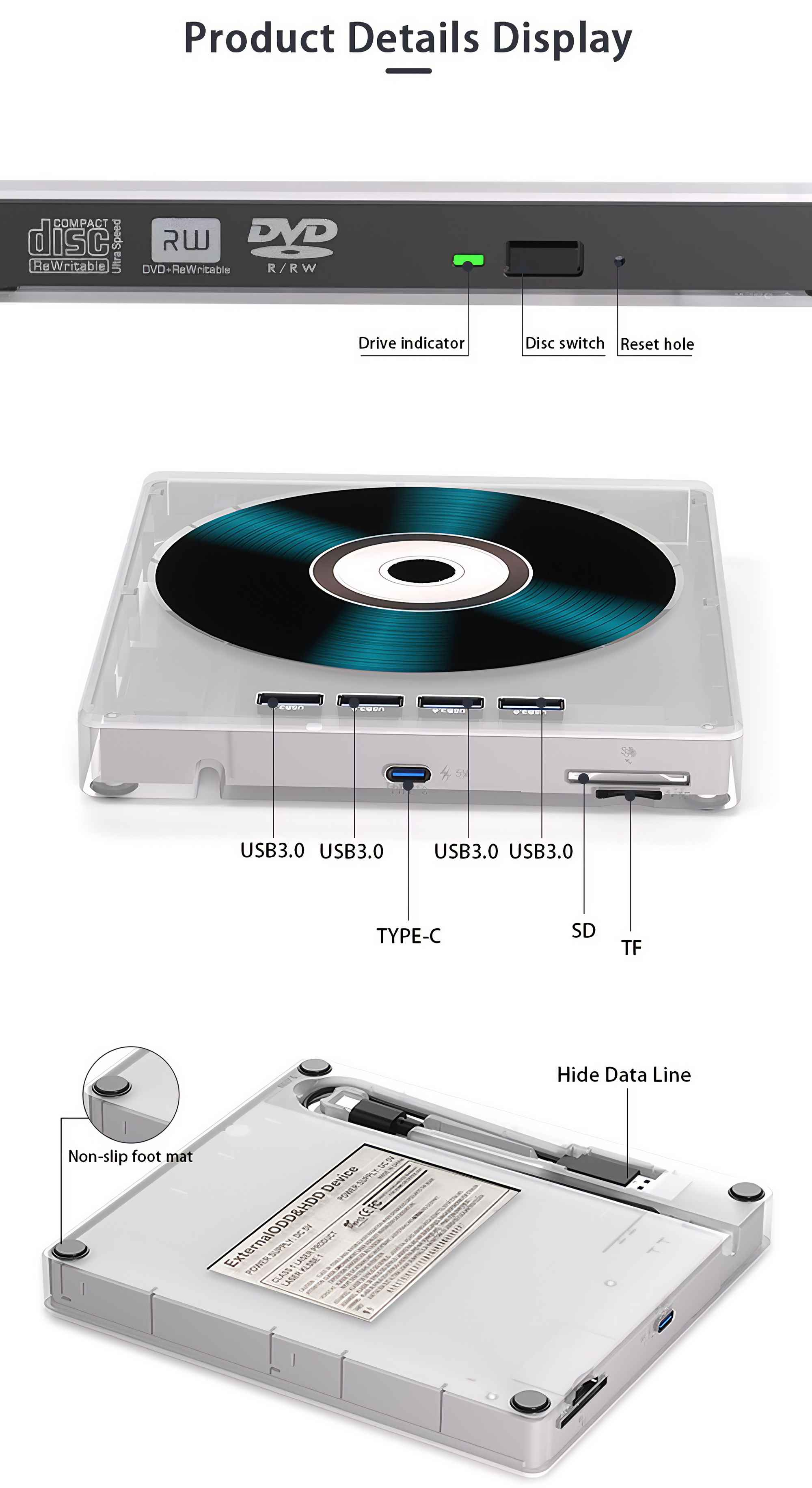 Eine Produktdetailanzeige, die ein Laufwerk mit USB-Anschlüssen, einem Typ-C-Anschluss und SD/TF-Kartensteckplätzen zeigt. Eine Disc ist sichtbar.