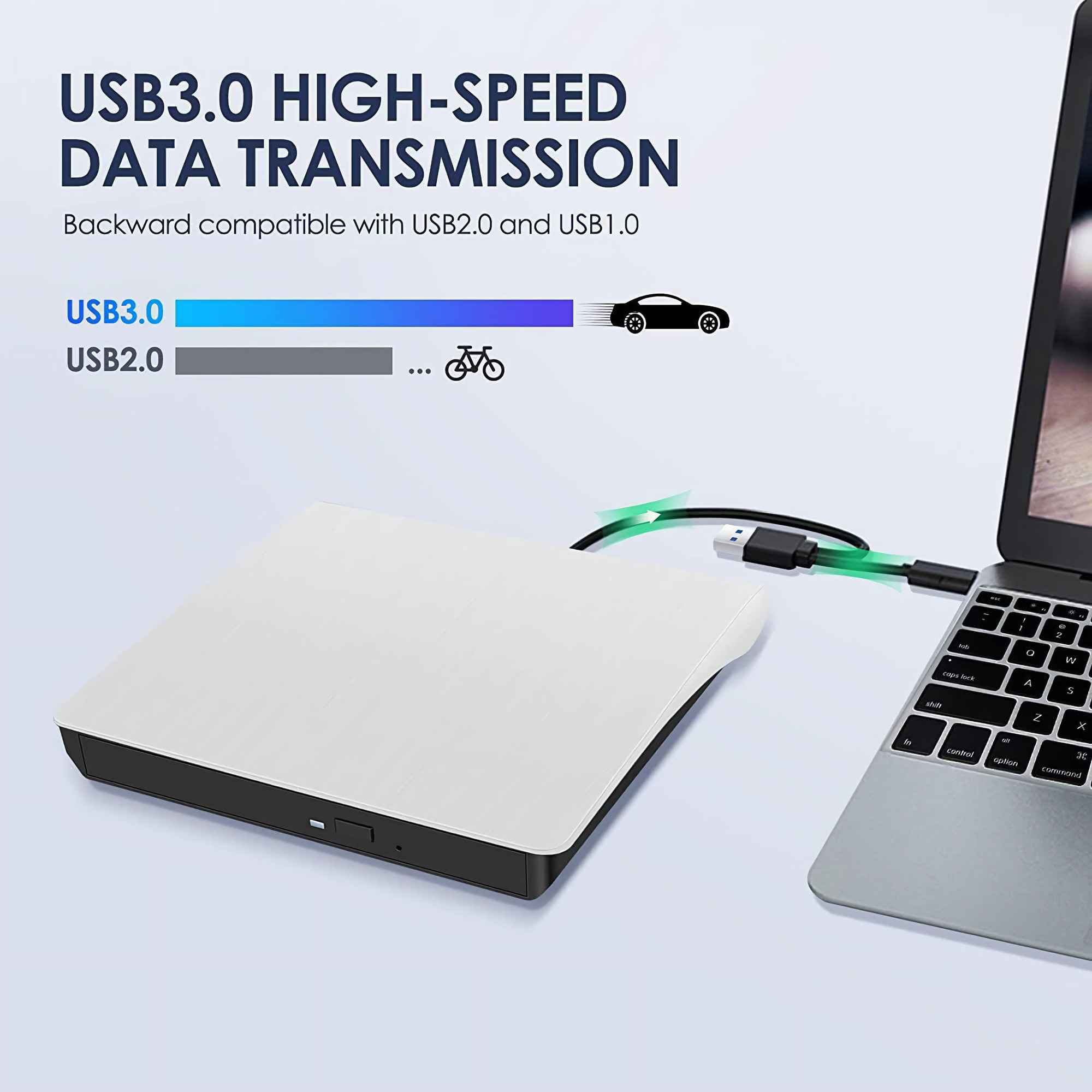 Ein weißes und schwarzes externes Laufwerk ist über ein USB-Kabel mit einem Laptop verbunden. Text weist auf Hochgeschwindigkeitsdatenübertragung hin.