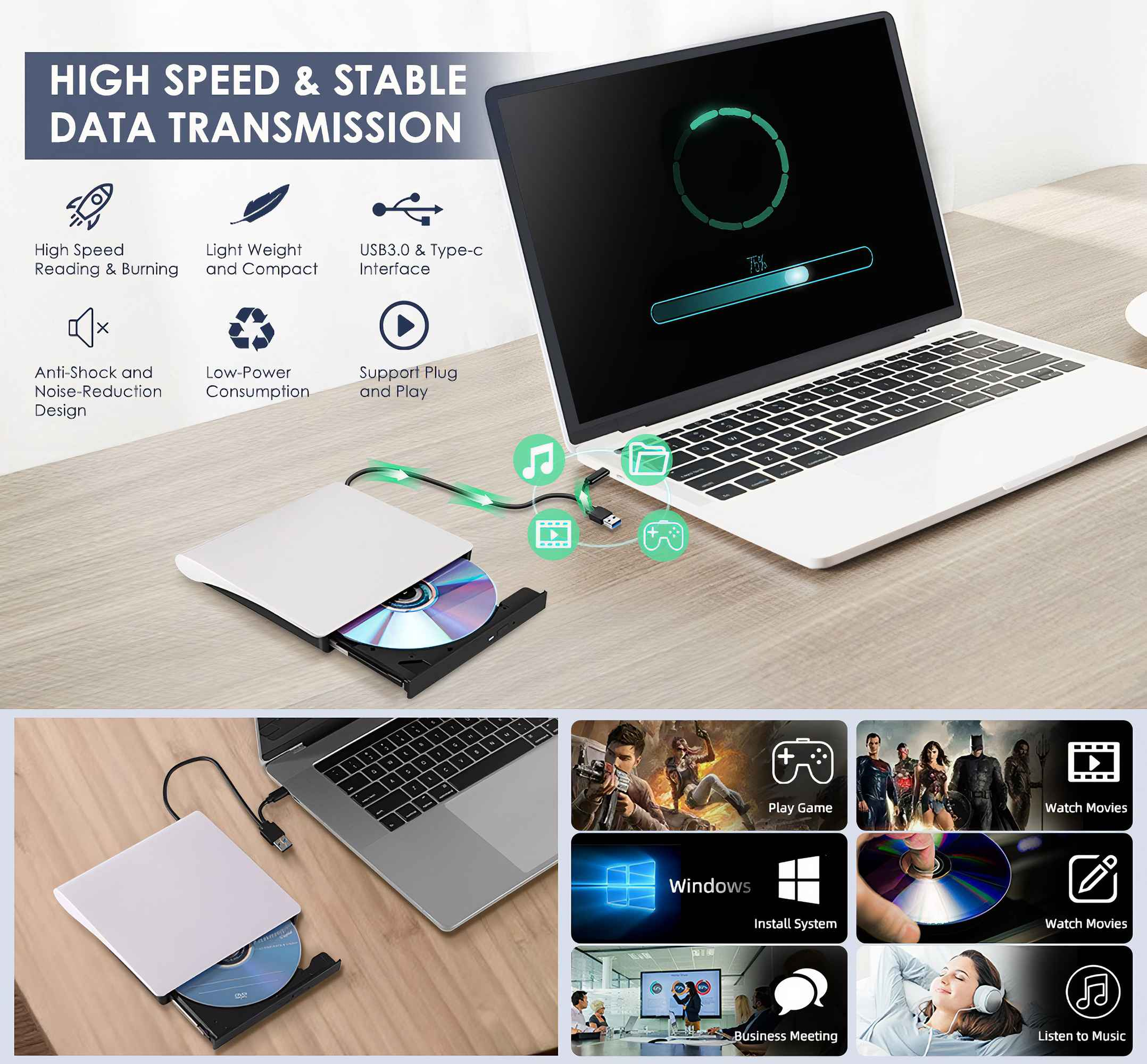 Laptop mit Ladebildschirm. Externe CD-Laufwerk angeschlossen. Symbole für Medien, Spiele und Geschäft werden angezeigt.
