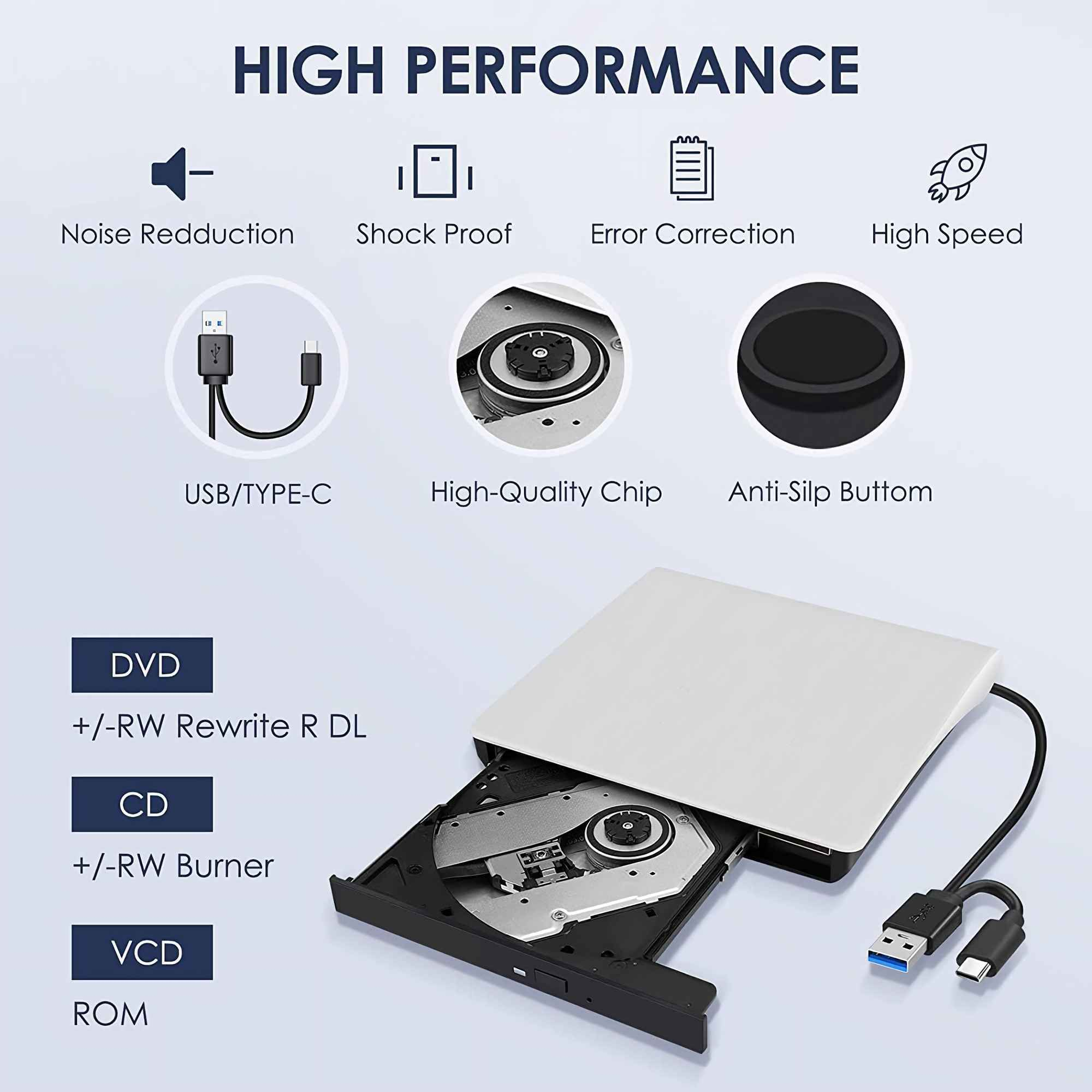 Ein geöffnetes externes DVD-Laufwerk mit USB-Kabel. Zu den Merkmalen gehören Geräuschreduzierung, Stoßfestigkeit, Fehlerkorrektur und hohe Geschwindigkeit.