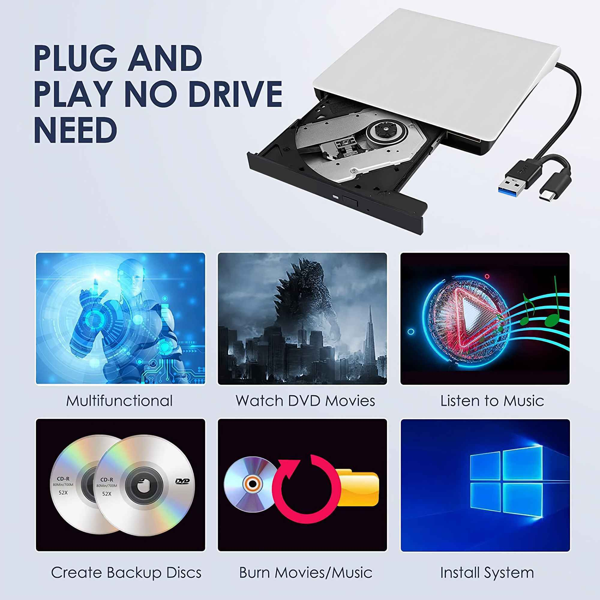 Ein weißes DVD-Laufwerk mit USB-Kabel und Symbolen für Filme, Musik, Backup, Brennen und Systeminstallation.