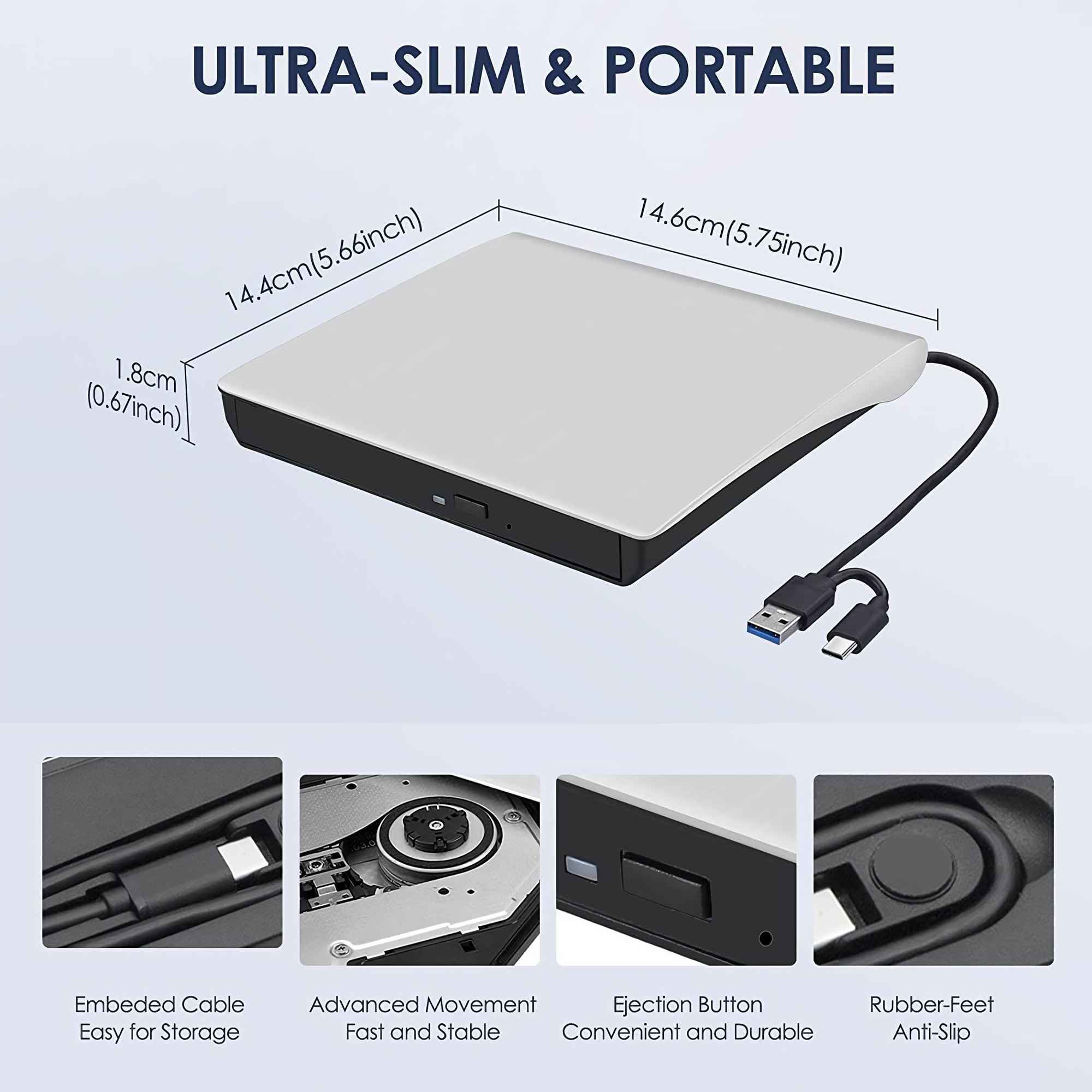 Ein weißes und schwarzes externes DVD-Laufwerk mit USB-Kabel. Text: Ultra-schlank & tragbar. Abmessungen sind angezeigt.