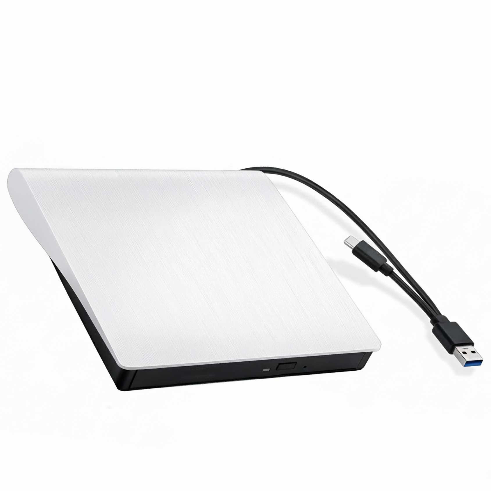 Ein silbernes und schwarzes externes DVD-Laufwerk mit angeschlossenen schwarzen USB-Kabeln auf weißem Hintergrund.