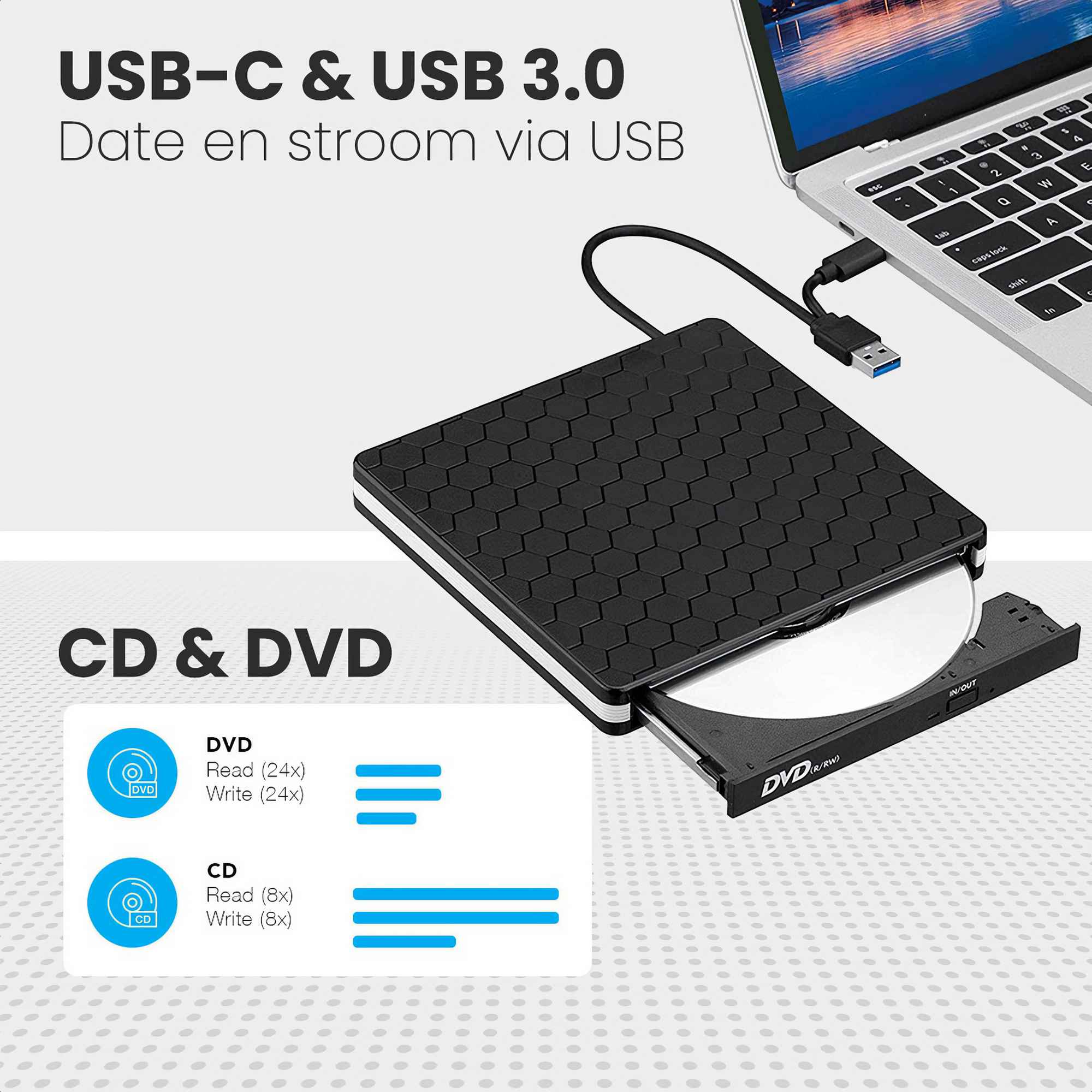 Ein USB-DVD-Laufwerk, das an einen Laptop angeschlossen ist. Das Laufwerk ist schwarz mit silbernem Rand und CD.