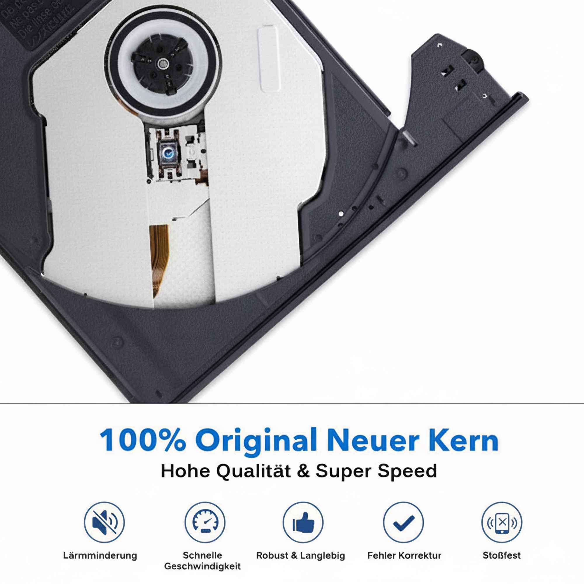 Ein offenes CD/DVD-Laufwerk mit schwarzen und silbernen Komponenten. Text auf Deutsch lautet '100% Original Neuer Kern' und zeigt Symbole.
