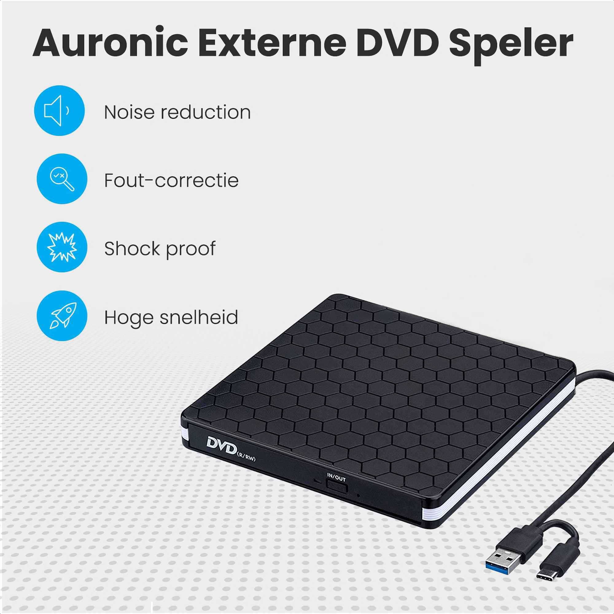 Externer DVD-Player mit schwarzem Wabenmuster. Merkmale: Geräuschreduzierung, Fehlerkorrektur, stoßfest und hohe Geschwindigkeit.