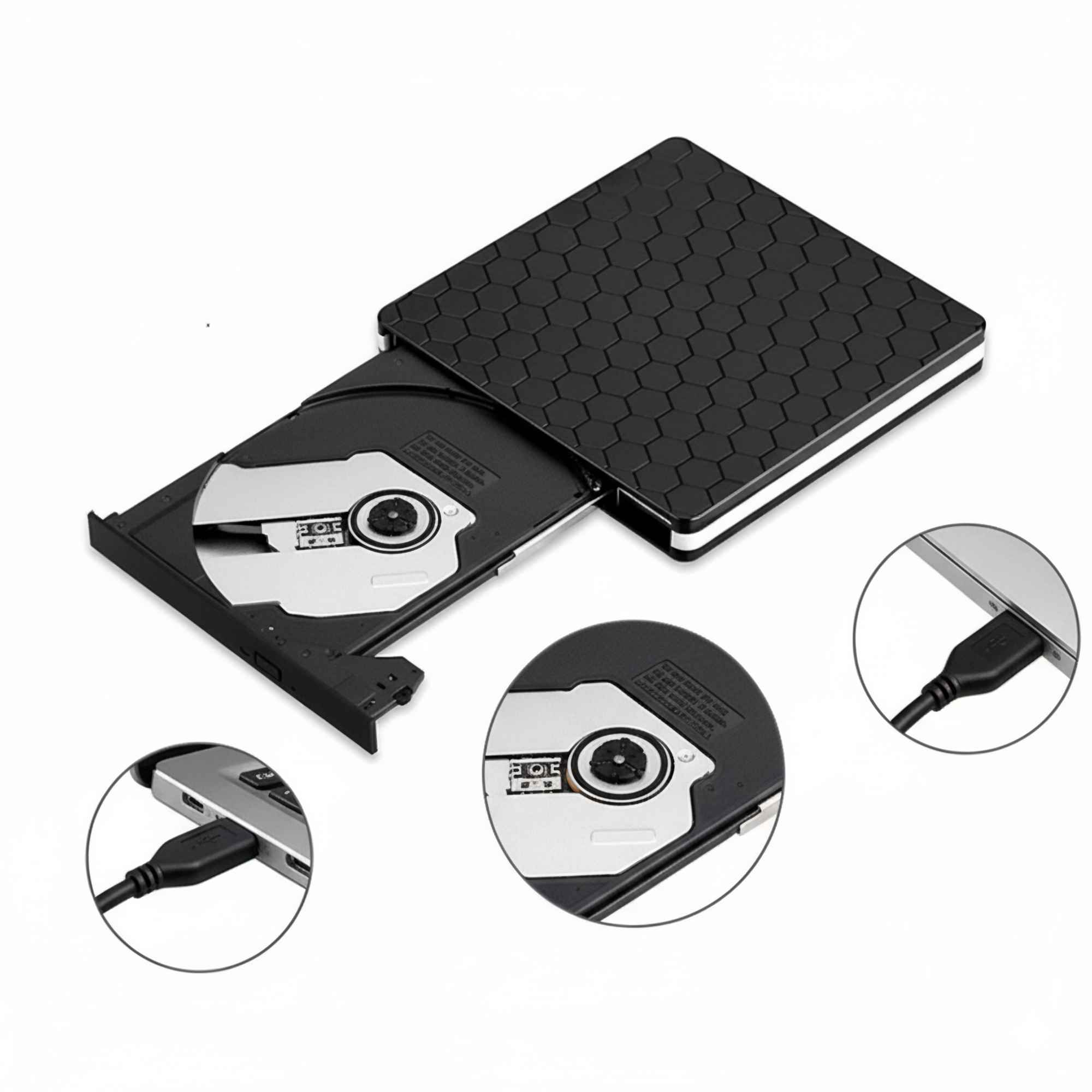 Ein schwarzes externes CD/DVD-Laufwerk mit einer eingelegten Disc, das über ein USB-Kabel mit einem Laptop verbunden ist.