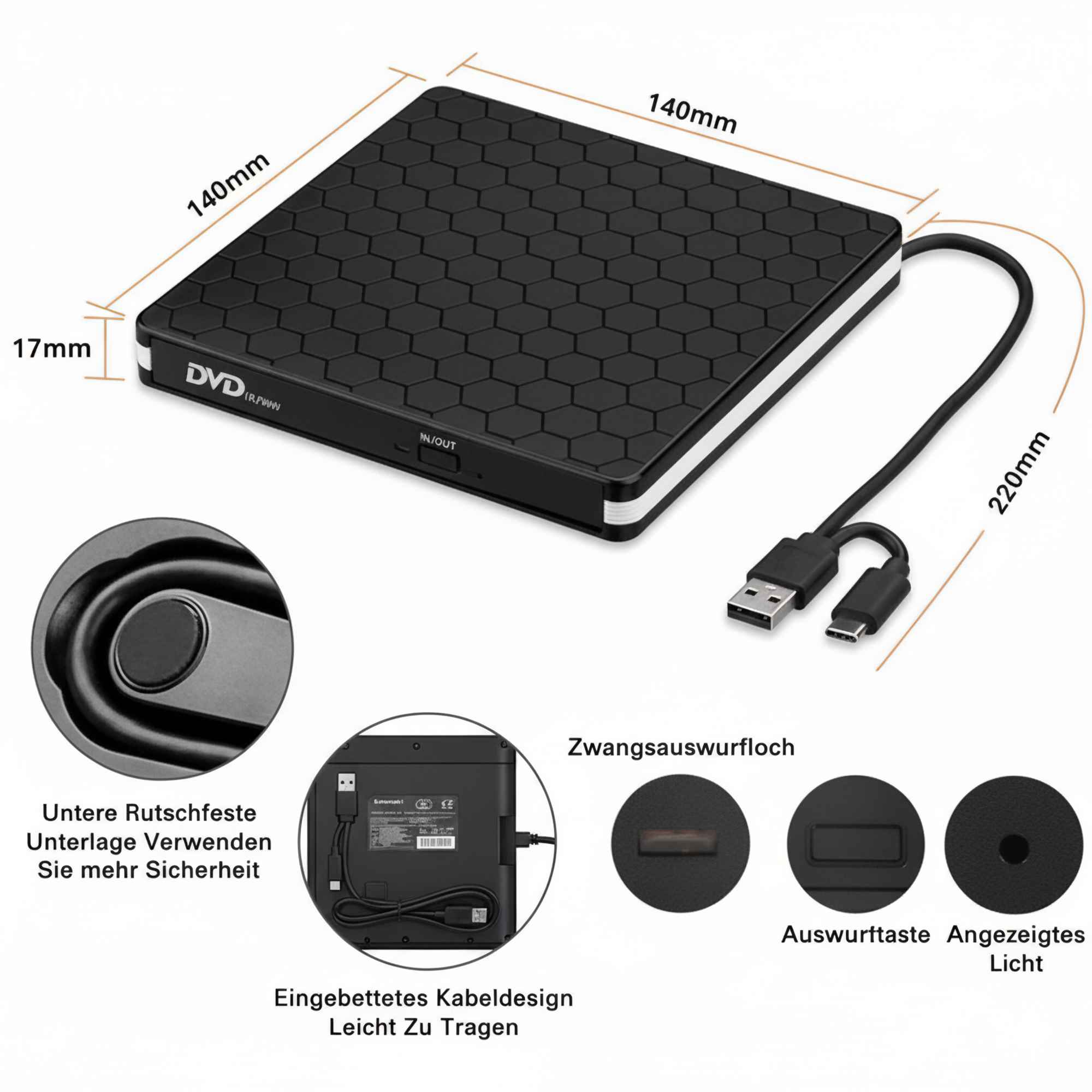Ein schwarzes DVD-Laufwerk mit Abmessungen, einem USB-Kabel und Details zu Funktionen wie Auswurftaste und Kontrollleuchte.