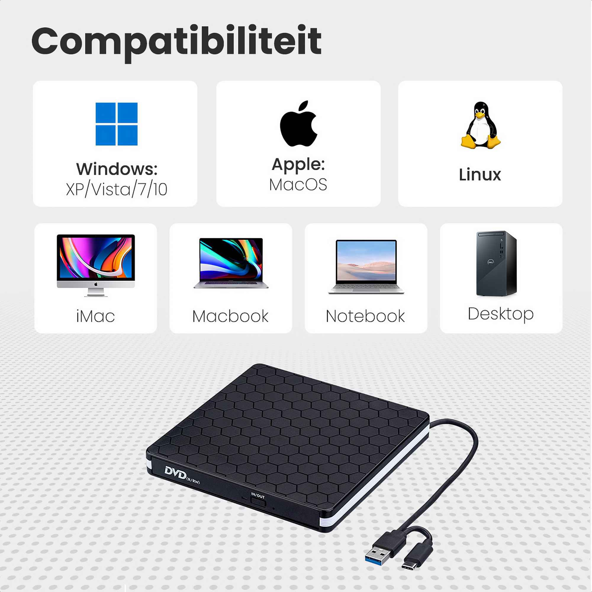 Das Bild zeigt ein schwarzes DVD-Laufwerk, kompatibel mit Windows, Mac und Linux. Symbole von Geräten wie iMac, Macbook und Desktop sind vorhanden.