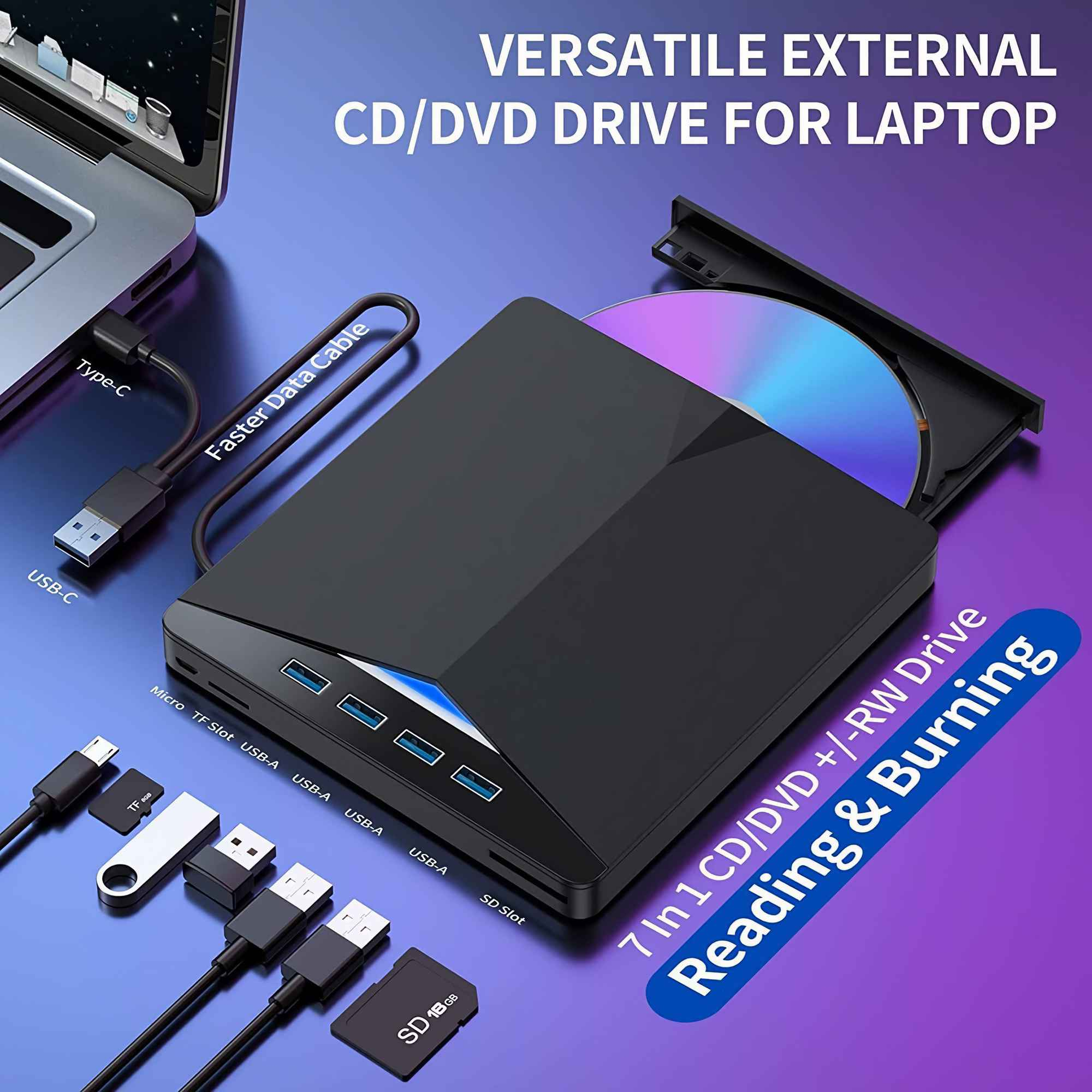 Schwarzes externes CD/DVD-Laufwerk mit USB-Anschlüssen, an einen Laptop angeschlossen. Enthält Kabel, Speicherkarten und eine CD.