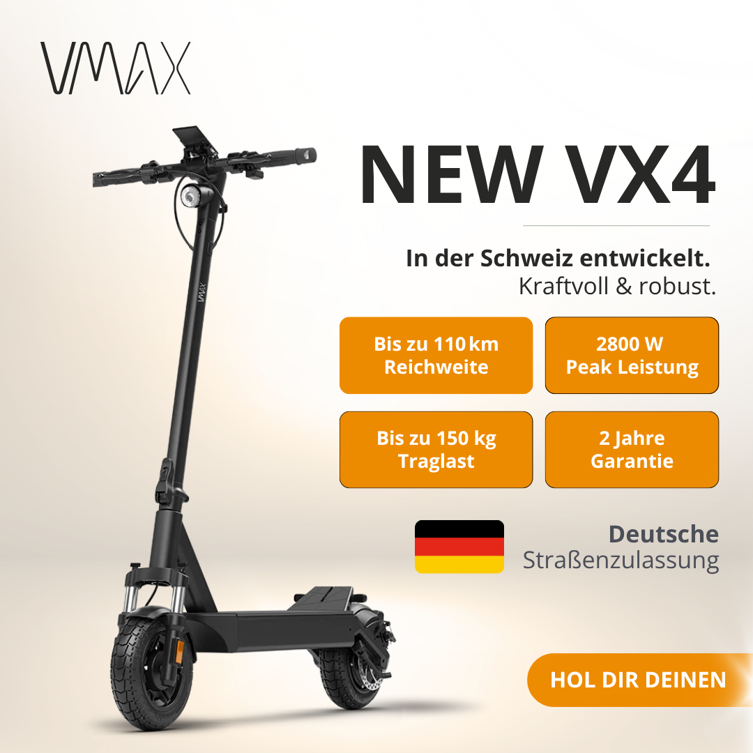 Ein schwarzer VMAX VX4 Elektroroller. Text enthält Spezifikationen und deutschen Text sowie die deutsche Flagge. "HOL DIR DEINEN" steht unten.