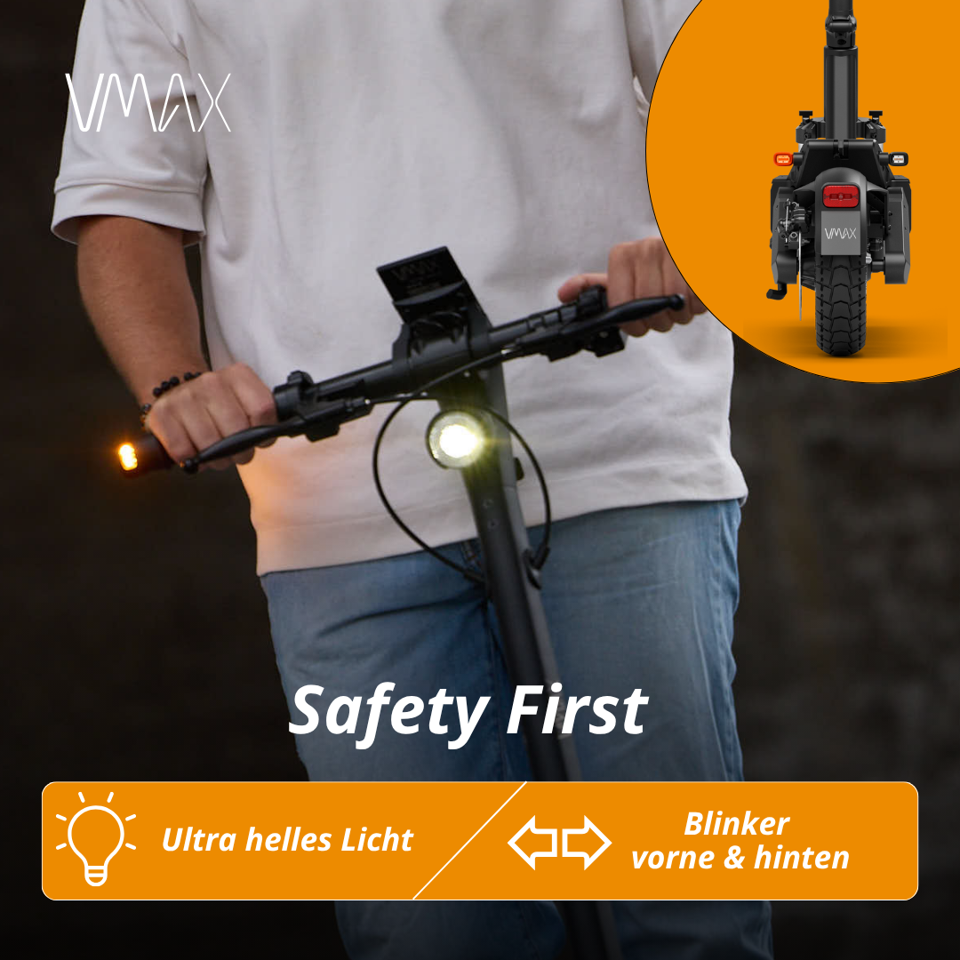 Eine Person hält einen schwarzen Roller. Der Roller hat einen Scheinwerfer und Blinker. Der Text lautet 'Safety First' mit 'Ultra helles Licht'.