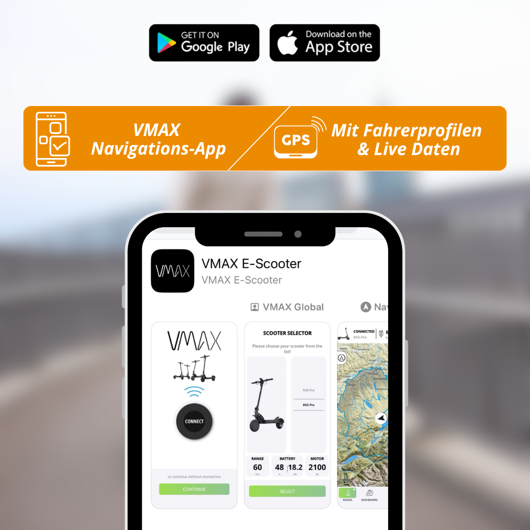App-Bildschirm mit VMAX E-Scooter-Oberfläche mit Optionen zum Verbinden, Auswählen von Rollermodellen und Anzeigen von Navigationsdaten.