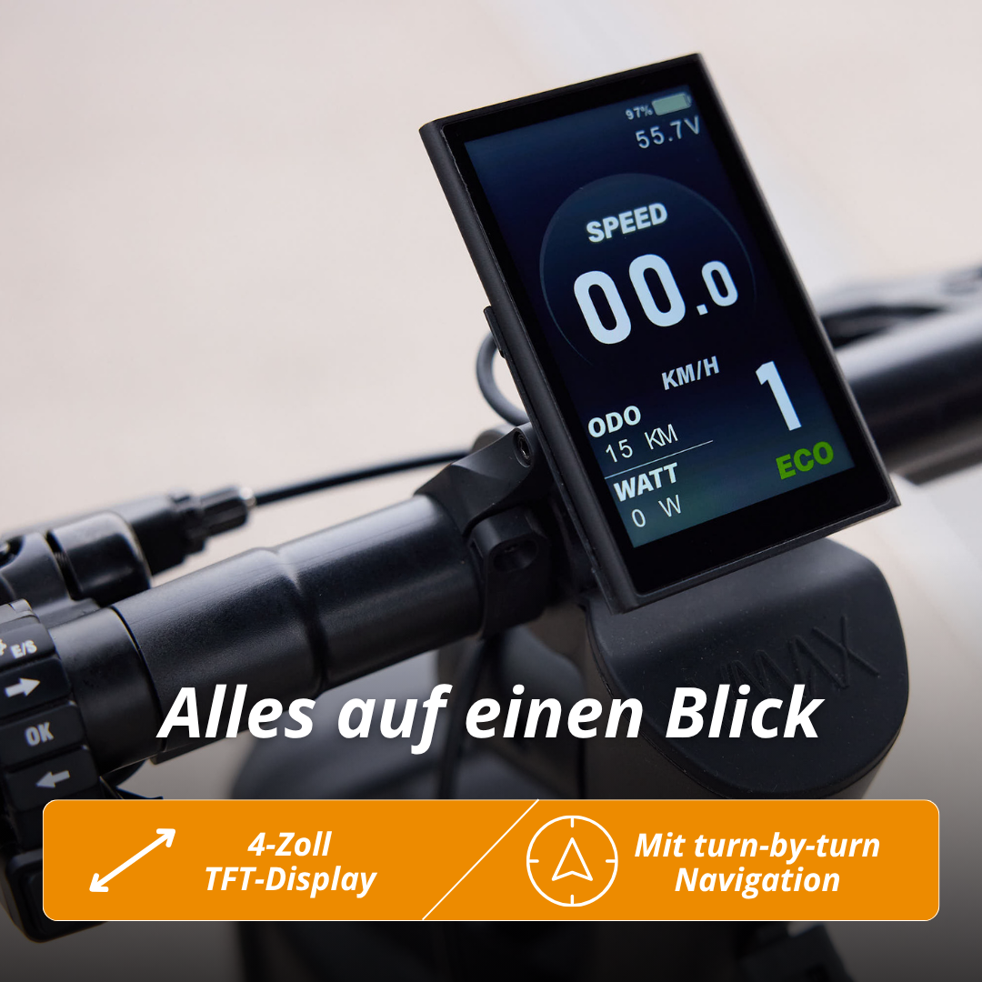 Nahaufnahme des Displays eines E-Scooters mit Geschwindigkeit, Batterie usw. Der Text lautet 'Alles auf einen Blick'.