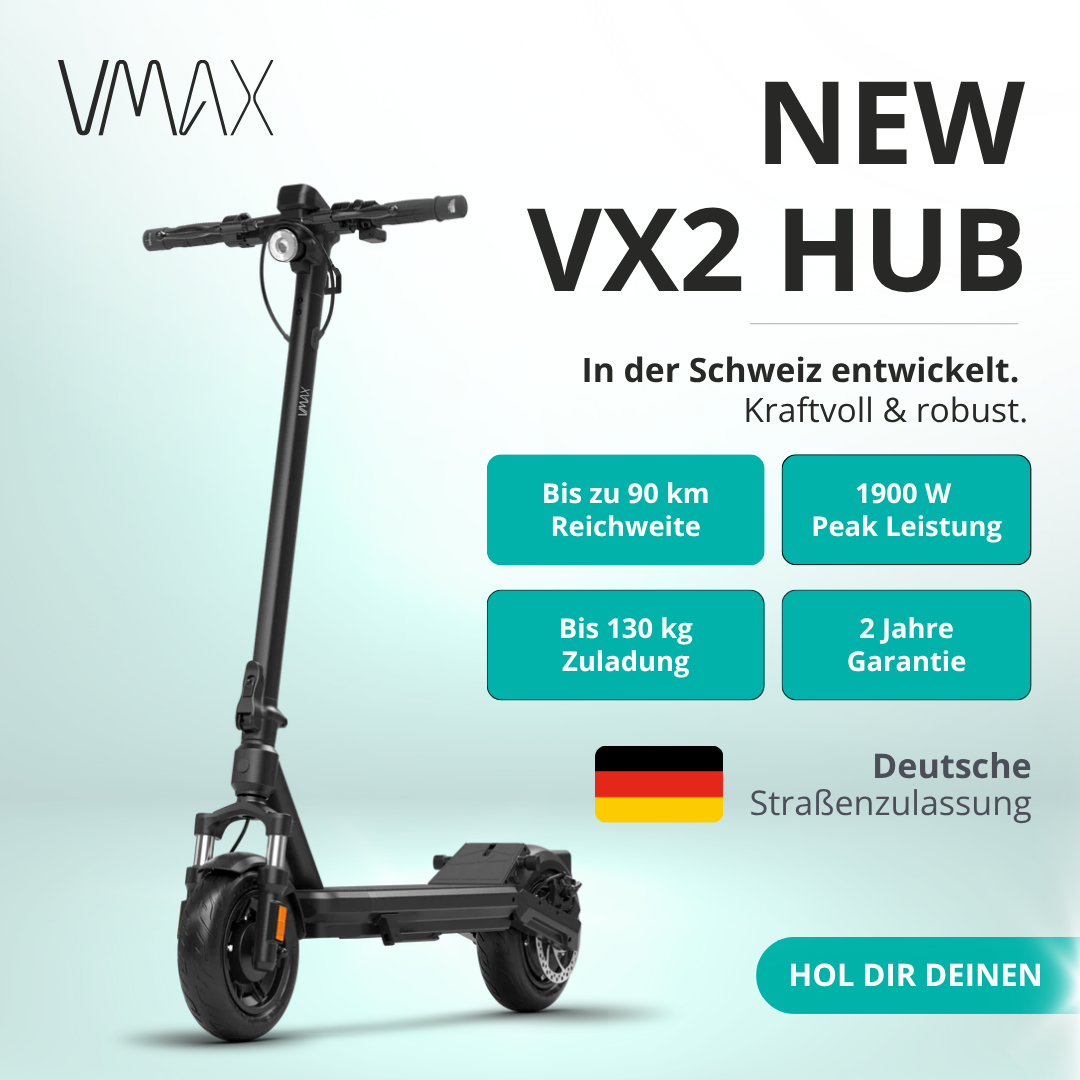 Ein schwarzer VMAX VX2 HUB Elektroroller. Text enthält Spezifikationen und die deutsche Flagge.