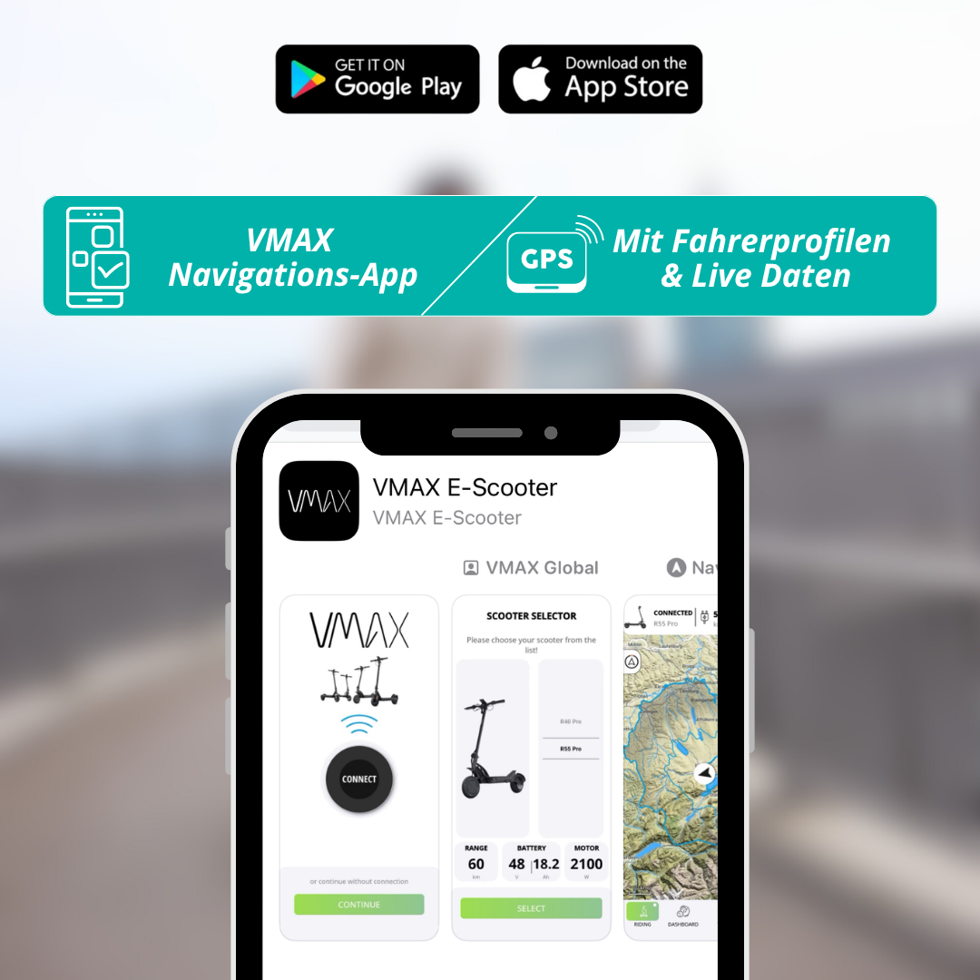 Das Bild zeigt eine VMAX E-Scooter App-Oberfläche mit GPS, Navigation und Live-Daten. Download-Schaltflächen sind sichtbar.