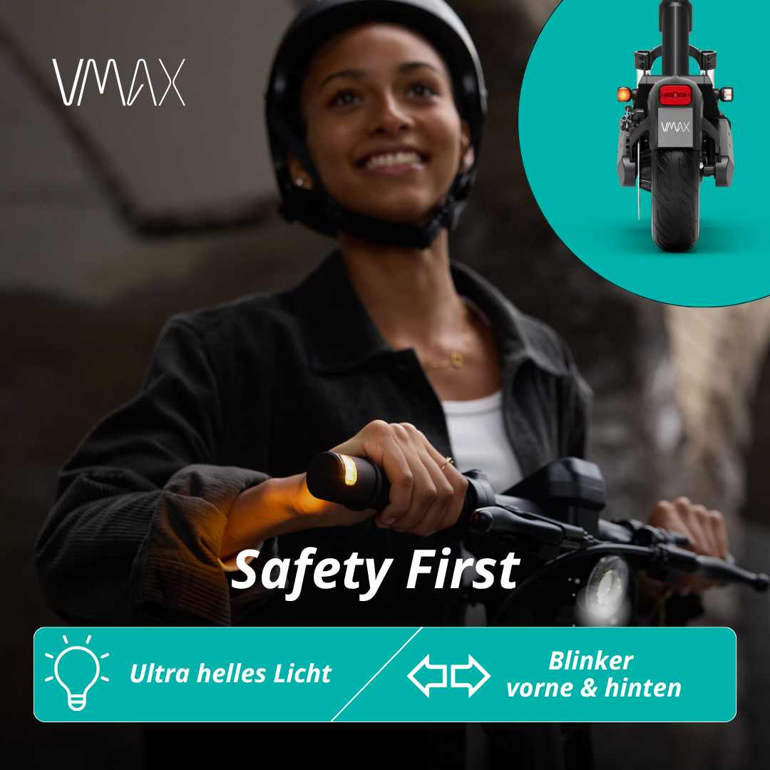 Lächelnde Frau auf Roller mit Helm. Text 'Safety First'. Bild des Rollerhecks und der Frontlichter. Text 'Ultrahelles Licht' und 'Blinker'.