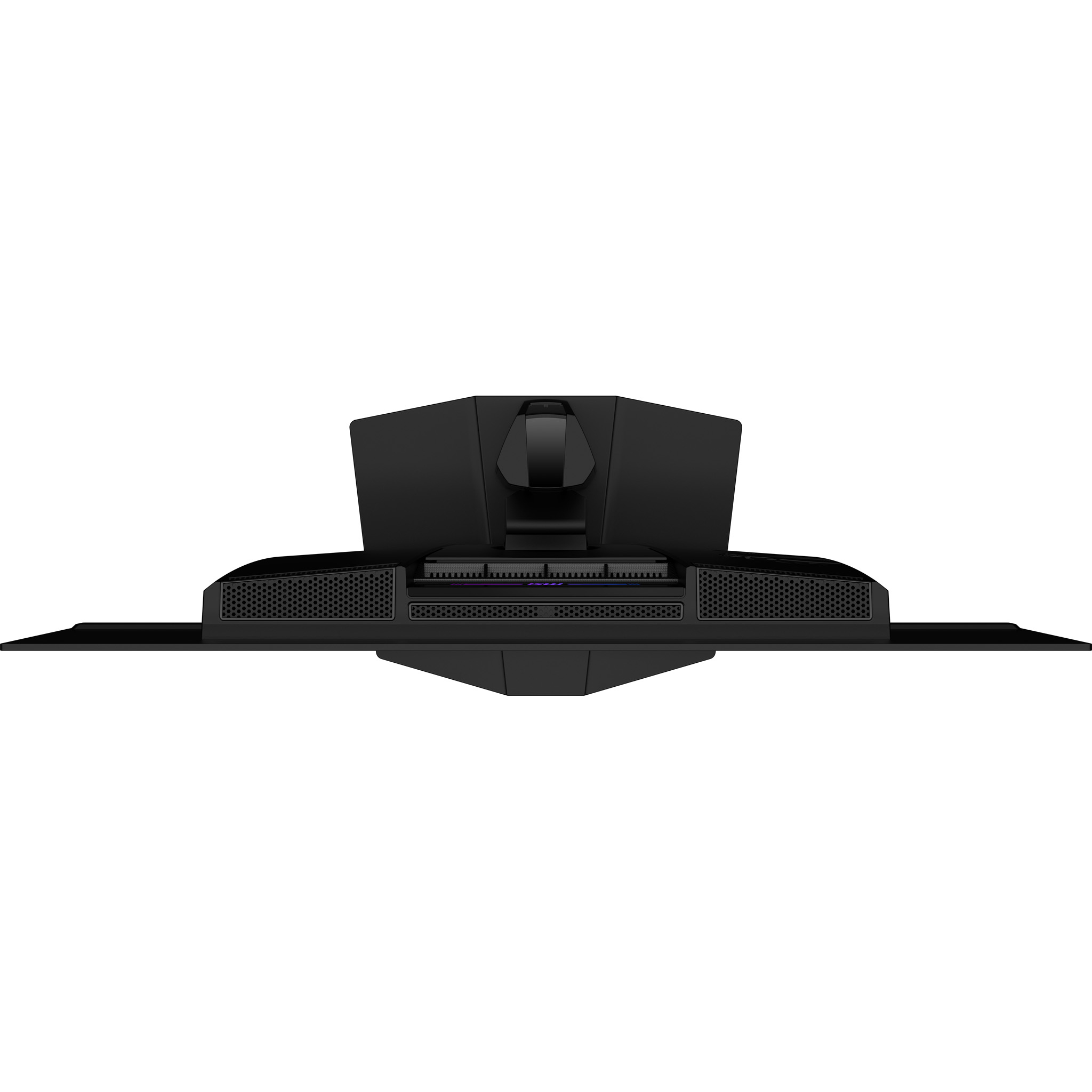 Czarny monitor komputera, widziany z góry, na białym tle. Ma unikalny, kanciasty design.