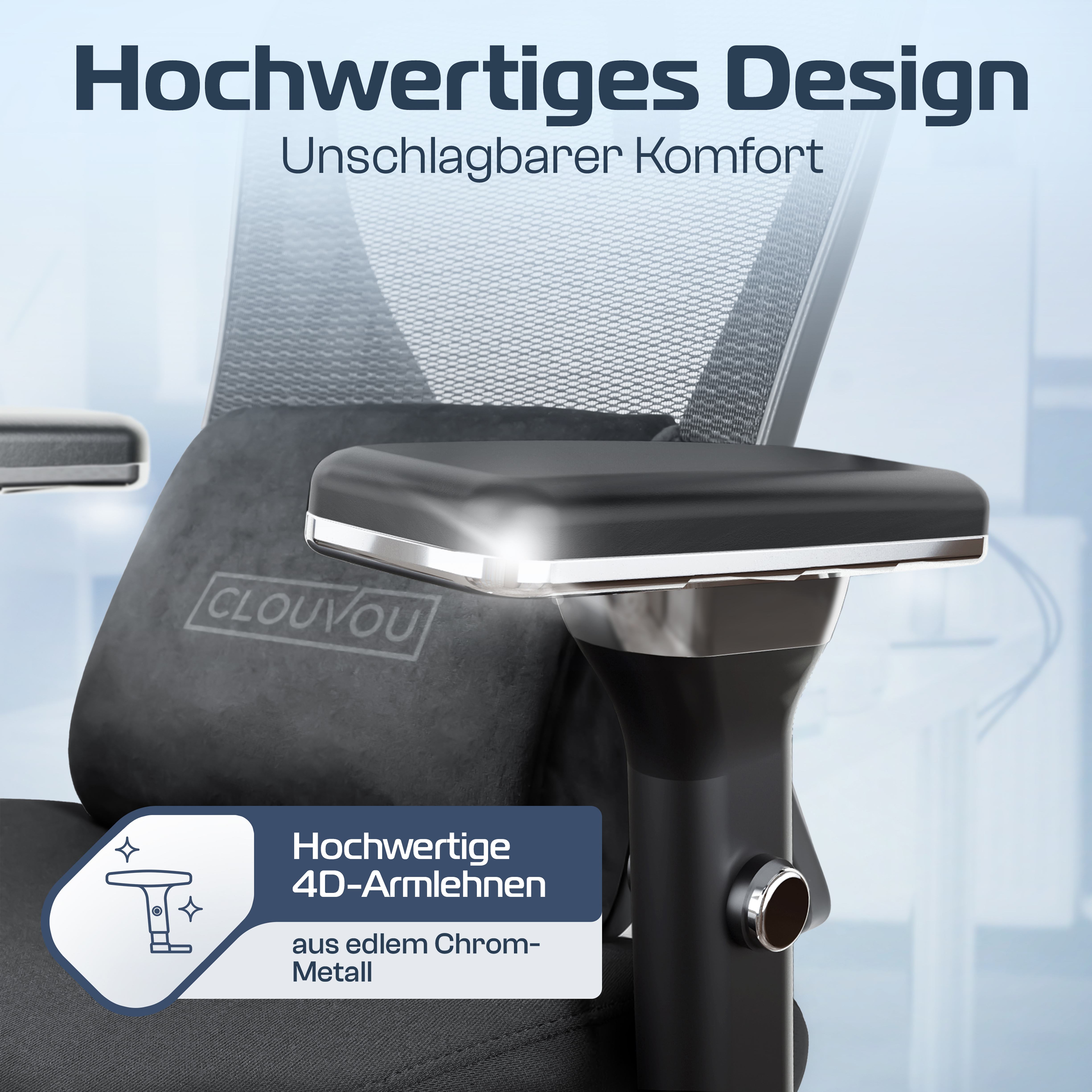 Bürostuhldetail mit schwarzer Armlehne, Chromakzenten und grauer Kopfstütze. Text auf Stuhl und Hintergrund.