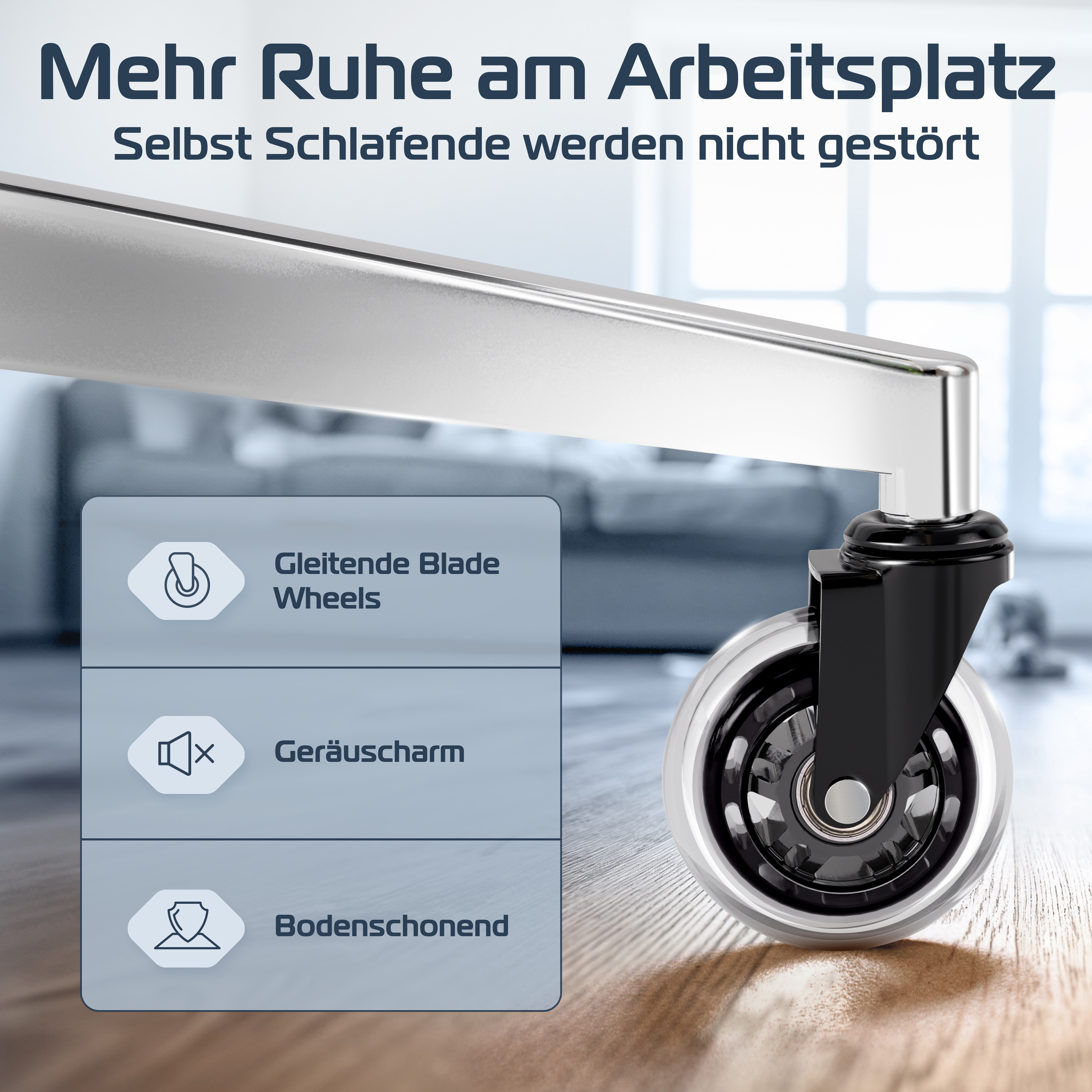 Das Bild zeigt ein Stuhlrad mit Text über leisen Betrieb und Bodenschutz.