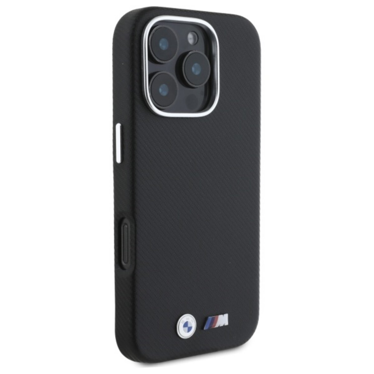 Custodia nera per telefono con anello fotocamera argento. Logo BMW in basso. Superficie strutturata.