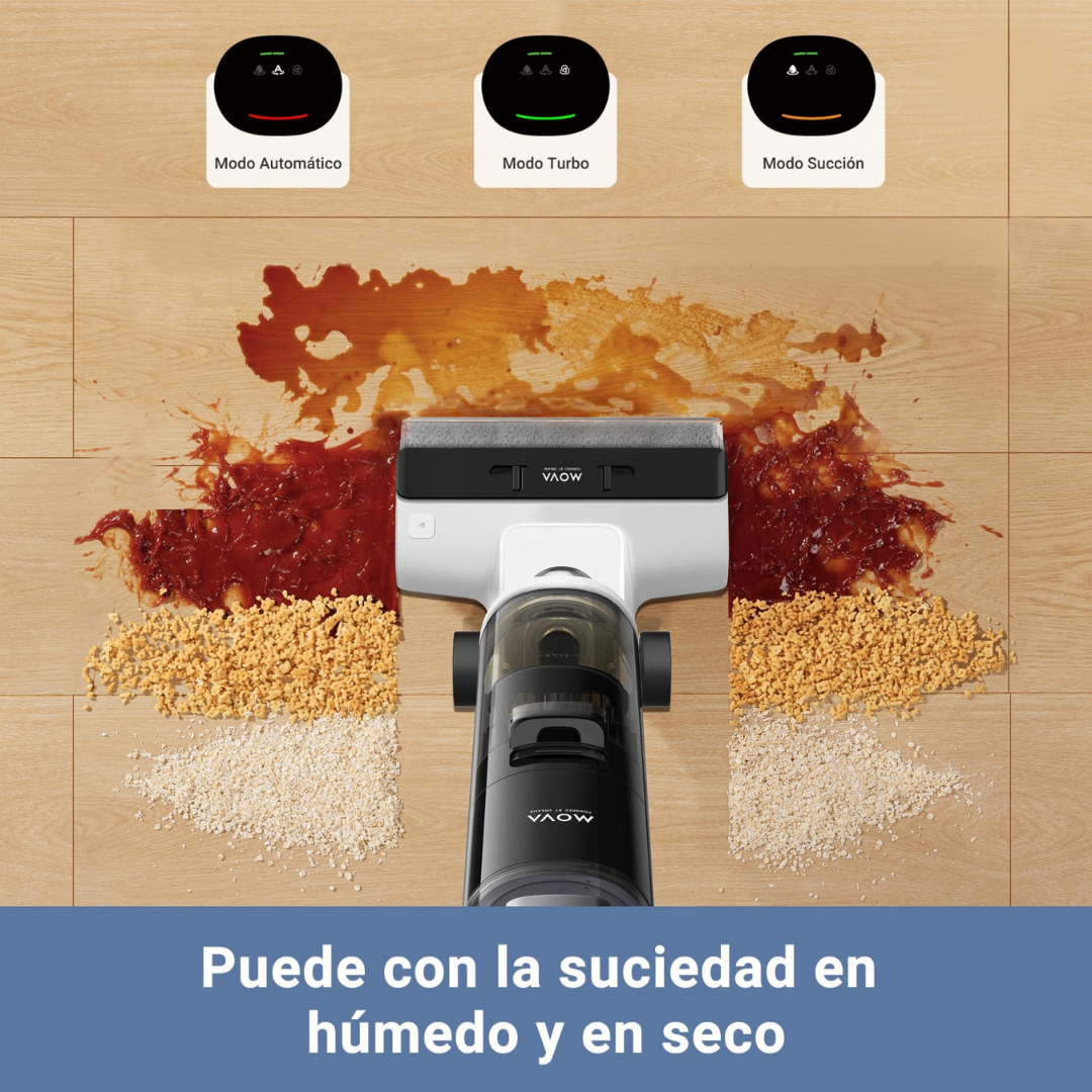 Una aspiradora limpia alimentos y líquidos derramados. La parte superior muestra los modos de aspiración. El texto dice: "Puede con la suciedad en húmedo y en seco."