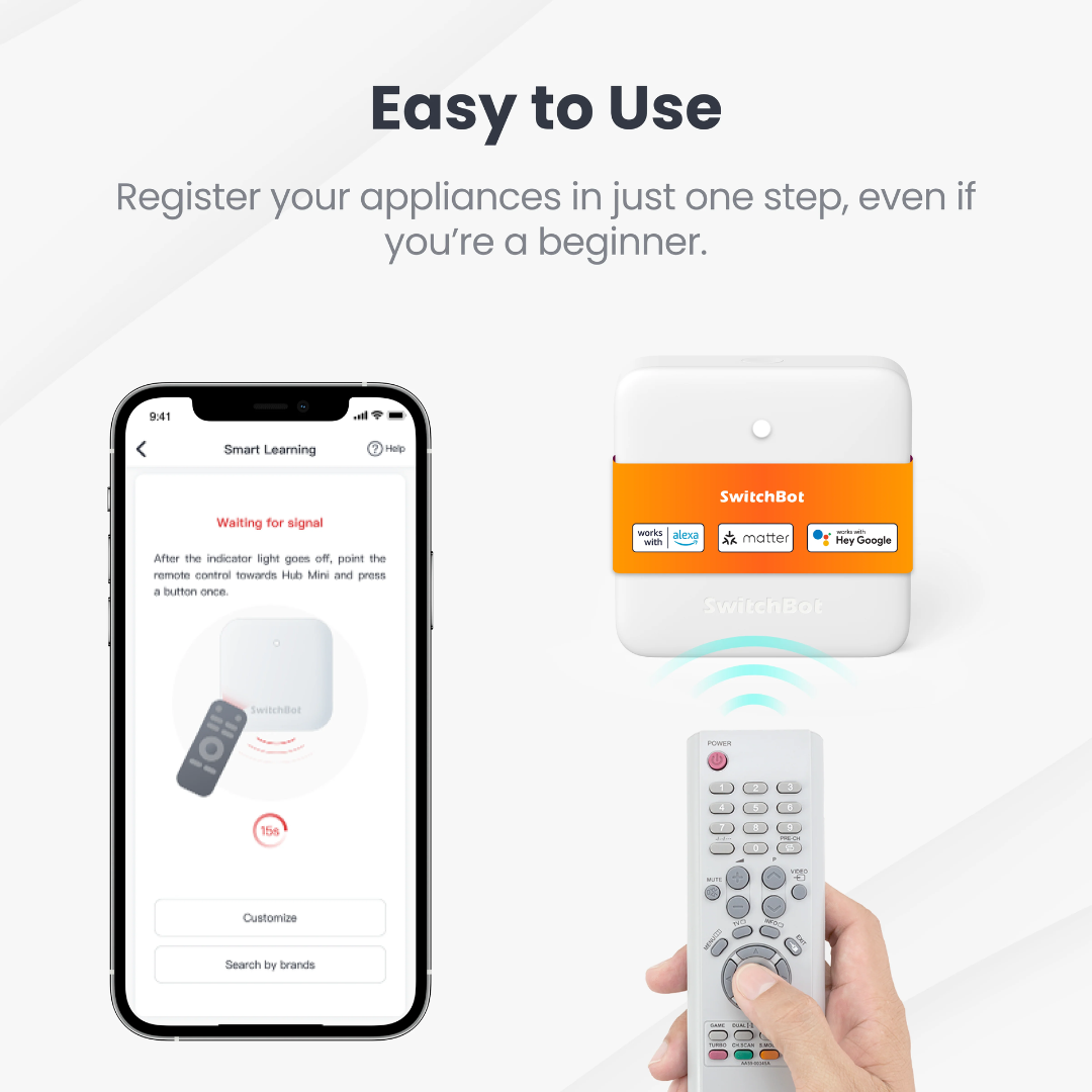 La imagen muestra un smartphone, un dispositivo SwitchBot y un control remoto. El texto dice 'Fácil de usar' y 'Registra tus electrodomésticos'.
