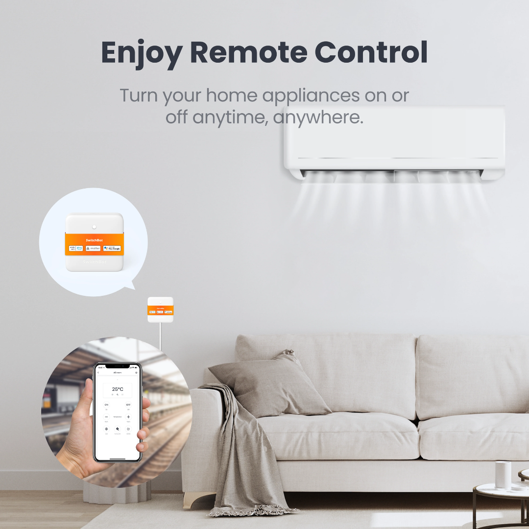 La imagen muestra un concepto de control remoto con dispositivos domésticos inteligentes. Se ve una mano sosteniendo un teléfono, una unidad de aire acondicionado y un sofá.