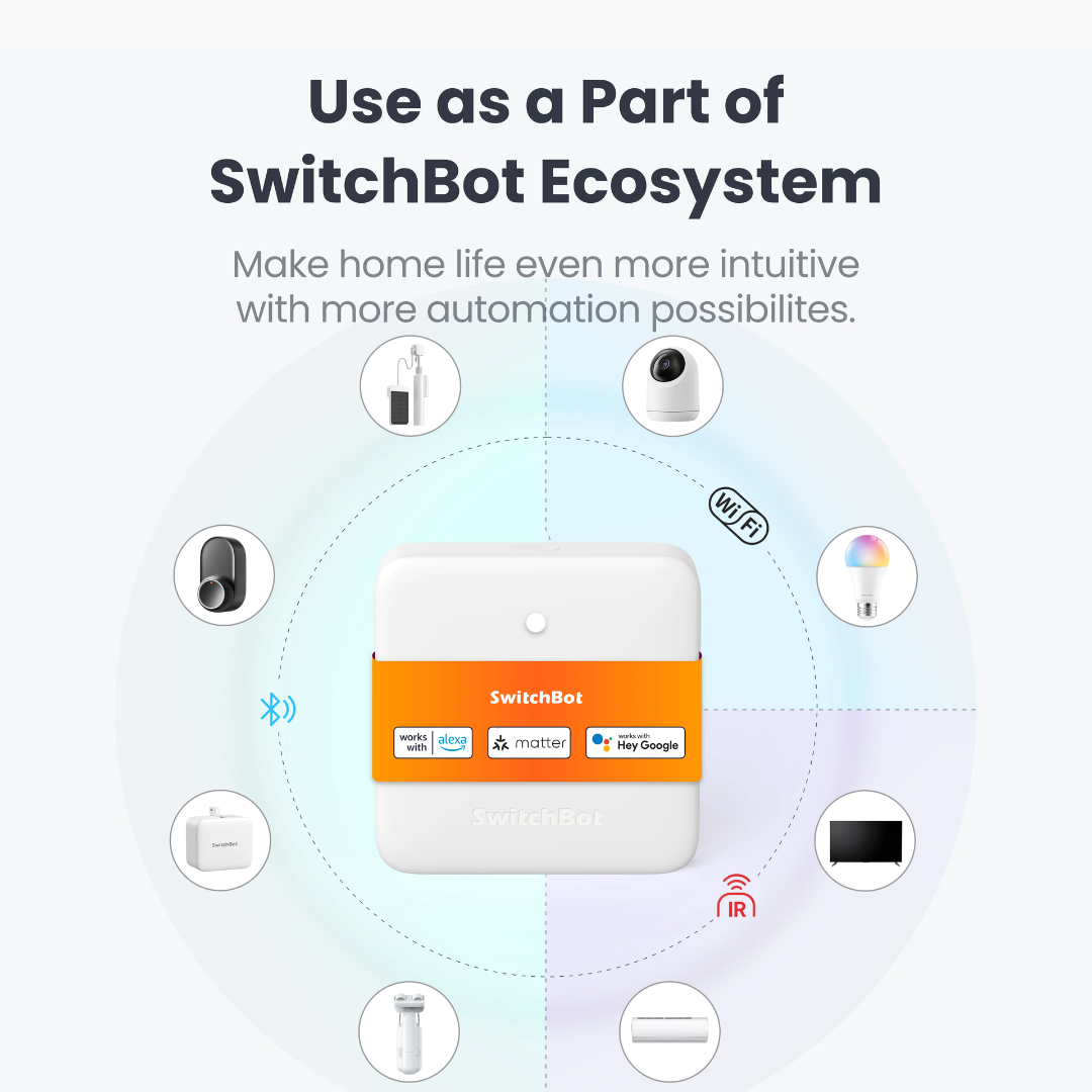 Un hub SwitchBot blanco con dispositivos domésticos inteligentes conectados: cámara, bombilla, cerradura y TV.