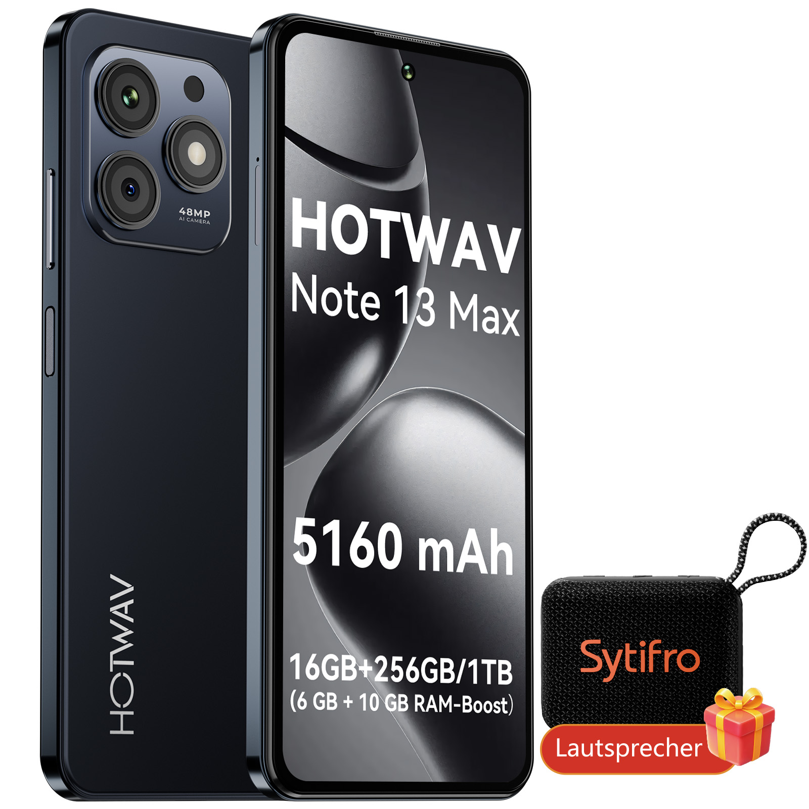 Ein dunkelblaues HOTWAV Note 13 Max Telefon. Inklusive Lautsprecher und Geschenkbox.