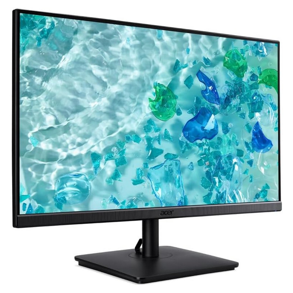 Monitor Acer z wyświetlaczem o tematyce wodnej. Ekran pokazuje niebieskie i zielone kształty. Monitor stoi na czarnym stojaku.