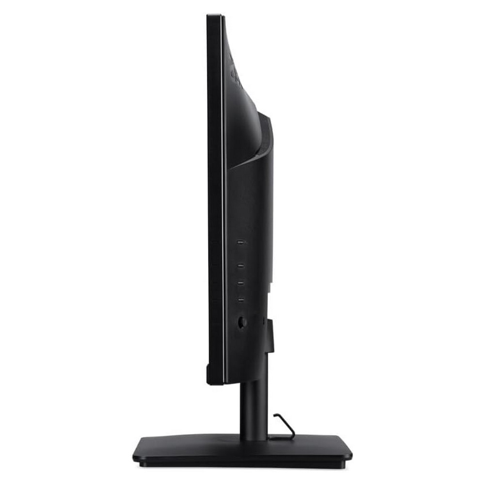 Widok z boku czarnego monitora komputerowego. Ekran jest cienki, ze stojakiem na dole. Tło jest białe.