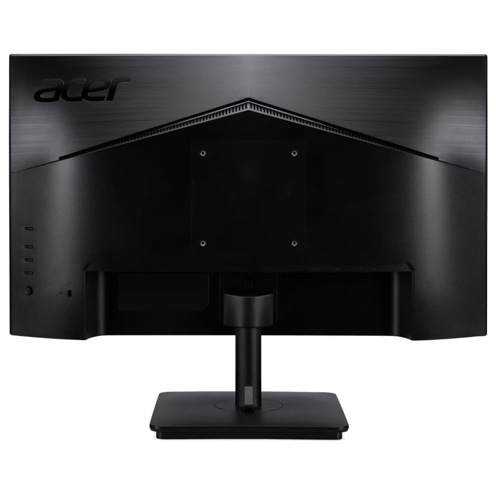 Pokazano tył czarnego monitora Acer. Ma podstawkę i logo Acer. Widoczne są różne porty i otwory wentylacyjne.