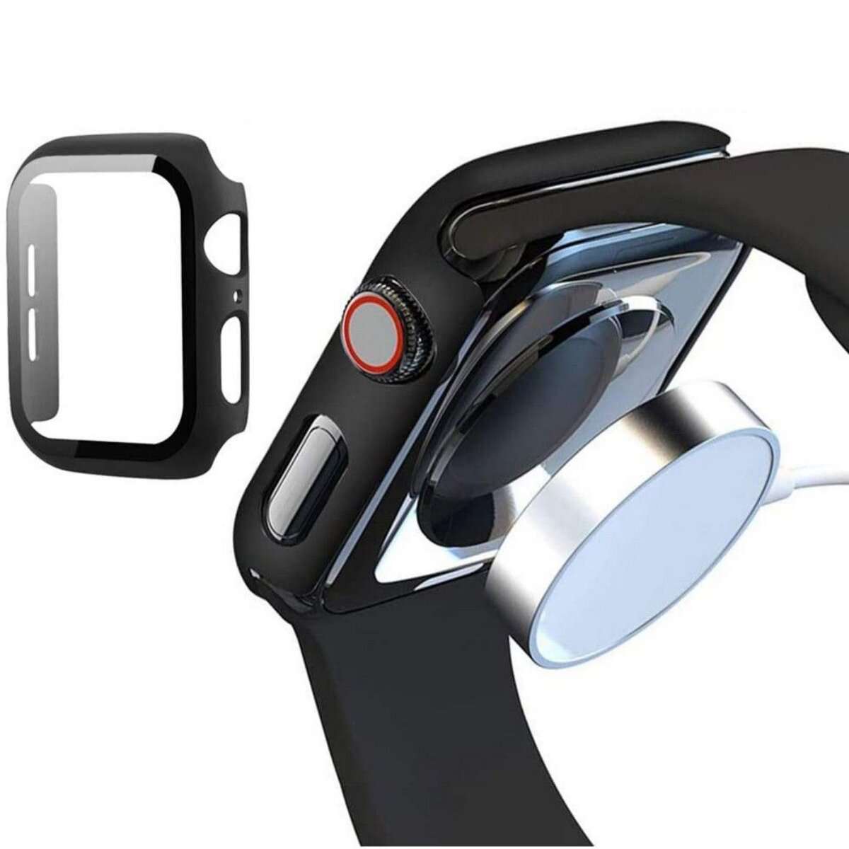 Apple Watch noire avec étui de protection, station de charge et bracelet. La montre affiche un écran numérique. L'étui est séparé.