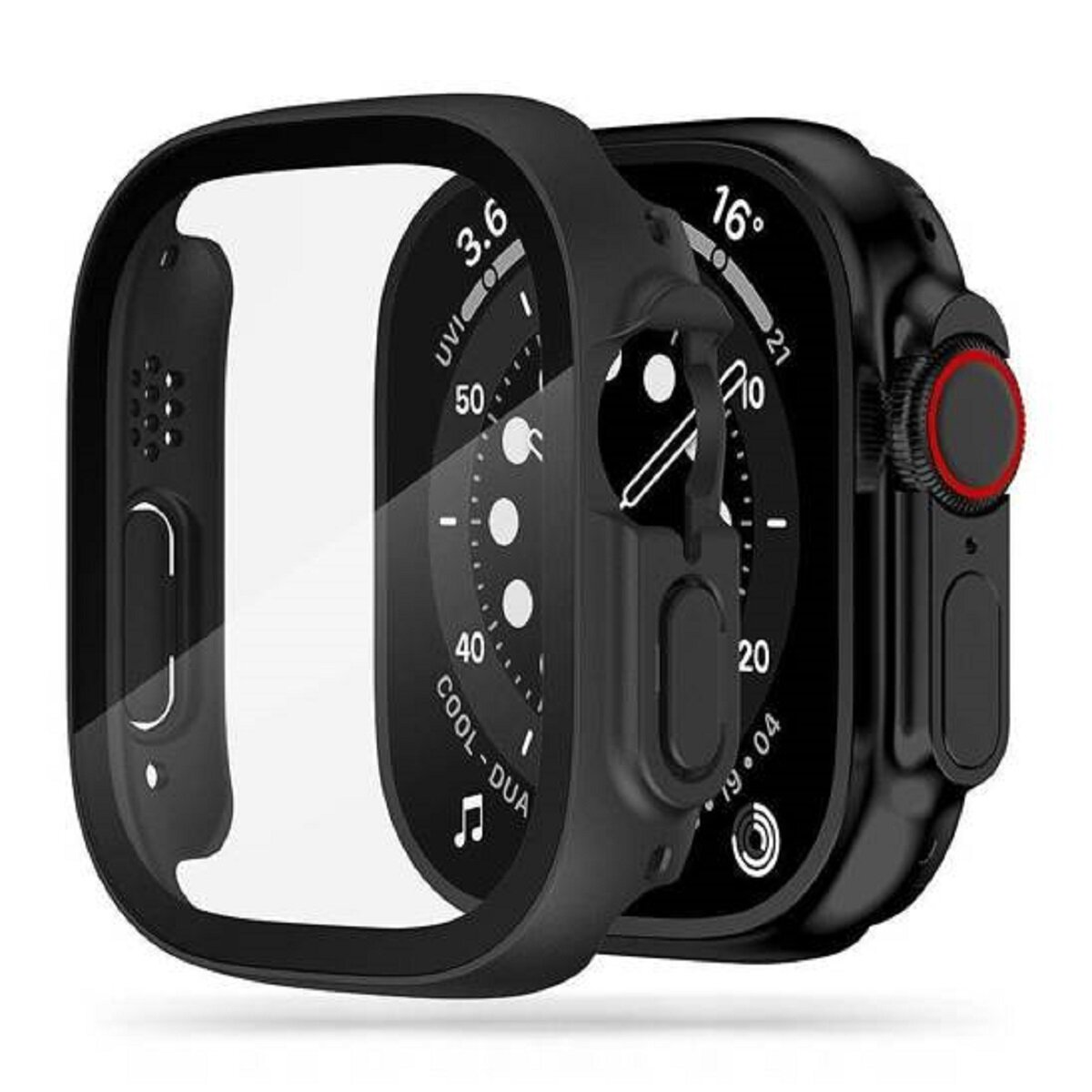 Schwarze Smartwatch mit Schutzhülle. Das Zifferblatt zeigt Zeit und andere Daten an. Die Hülle ist schwarz.