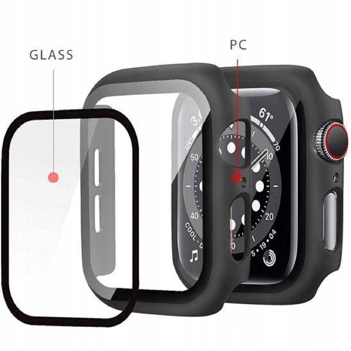 Eine schwarze Smartwatch mit Schutzhülle. Die Hülle ist separat und zeigt ihre Glas- und PC-Komponenten. Das Zifferblatt ist sichtbar.