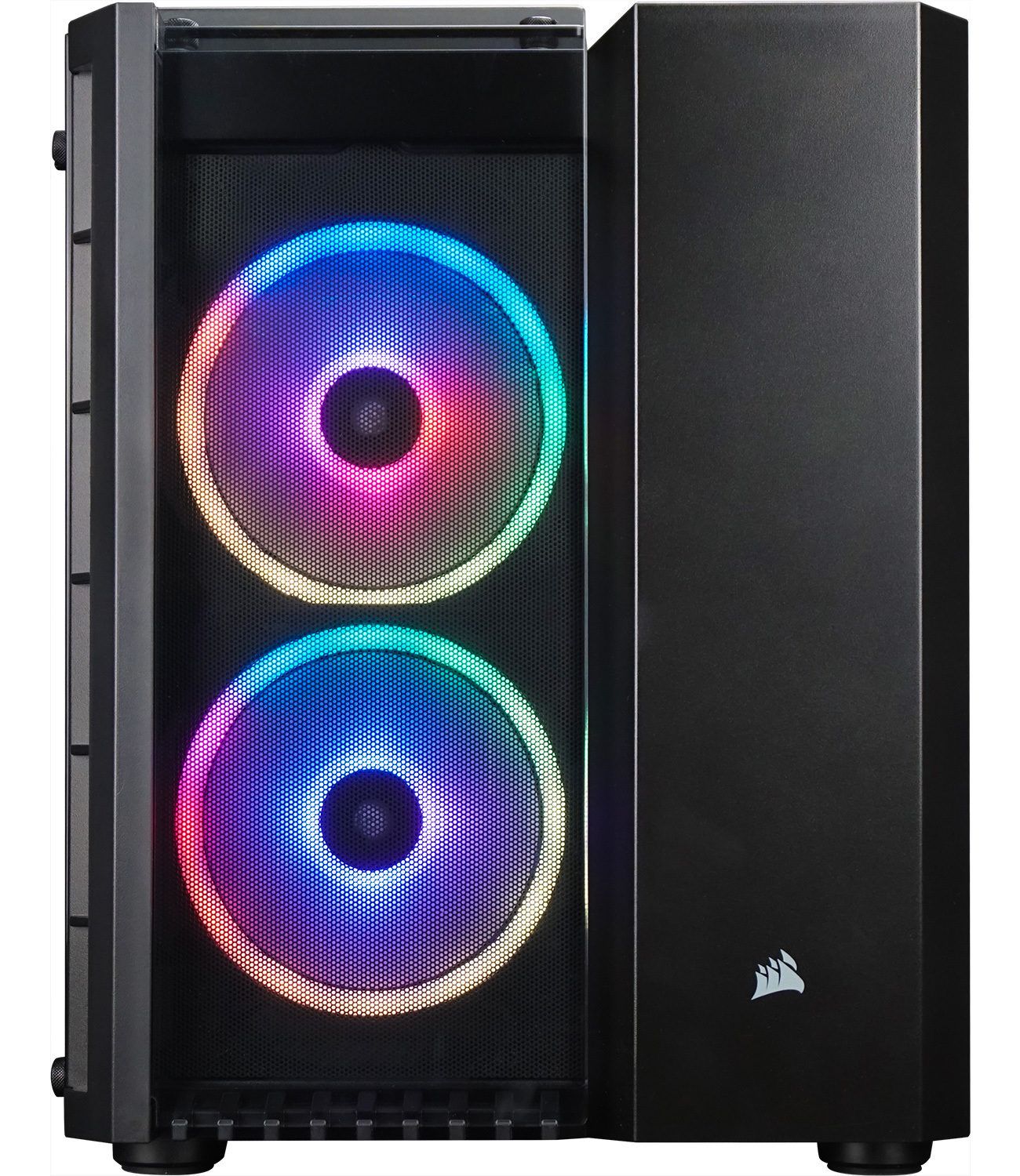 Boîtier d'ordinateur noir avec deux ventilateurs multicolores brillants derrière une grille. Logo Corsair sur le côté.