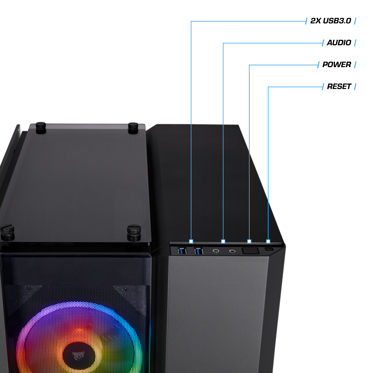 Ein Computergehäuse mit Beschriftungen für USB-, Audio-, Power- und Reset-Tasten. Ein Frontlüfter mit Regenbogen-LED-Licht ist sichtbar.