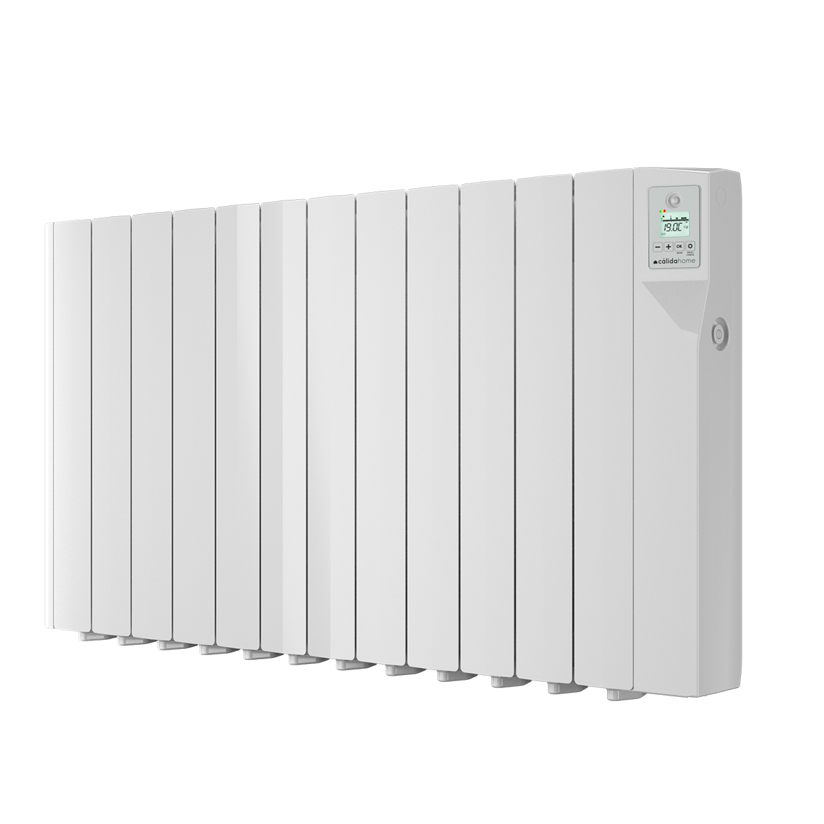 Un radiador eléctrico blanco con una pantalla digital que muestra 19,0 °C. Tiene barras verticales y un panel de control a la derecha.