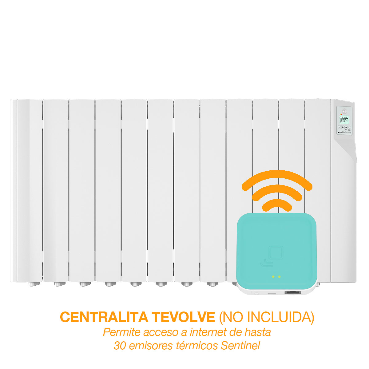 Radiador eléctrico blanco con caja de control verde azulado, icono de señal wifi naranja y texto debajo.