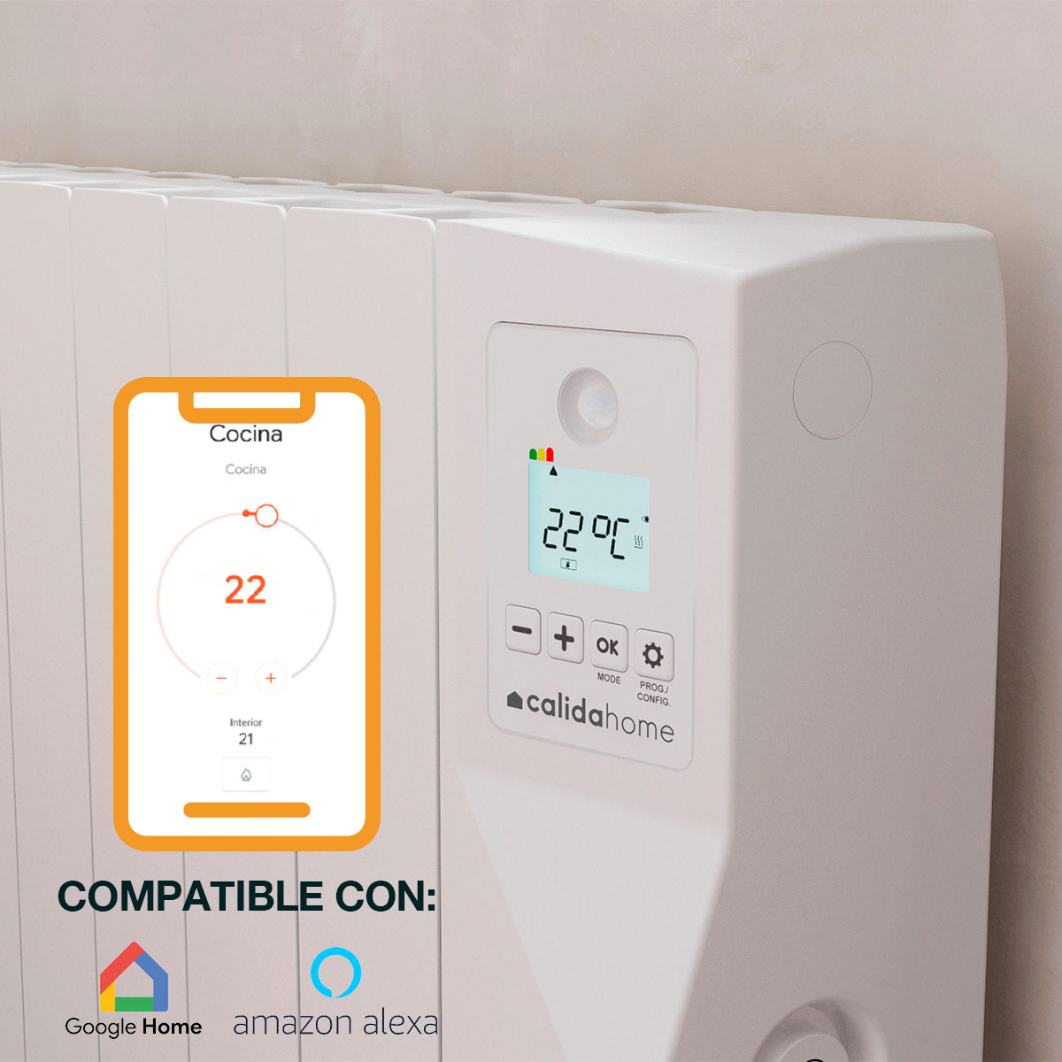 Un radiador blanco con pantalla digital que muestra 22°C. Un teléfono muestra el control de temperatura. Compatible con Google Home y Alexa.