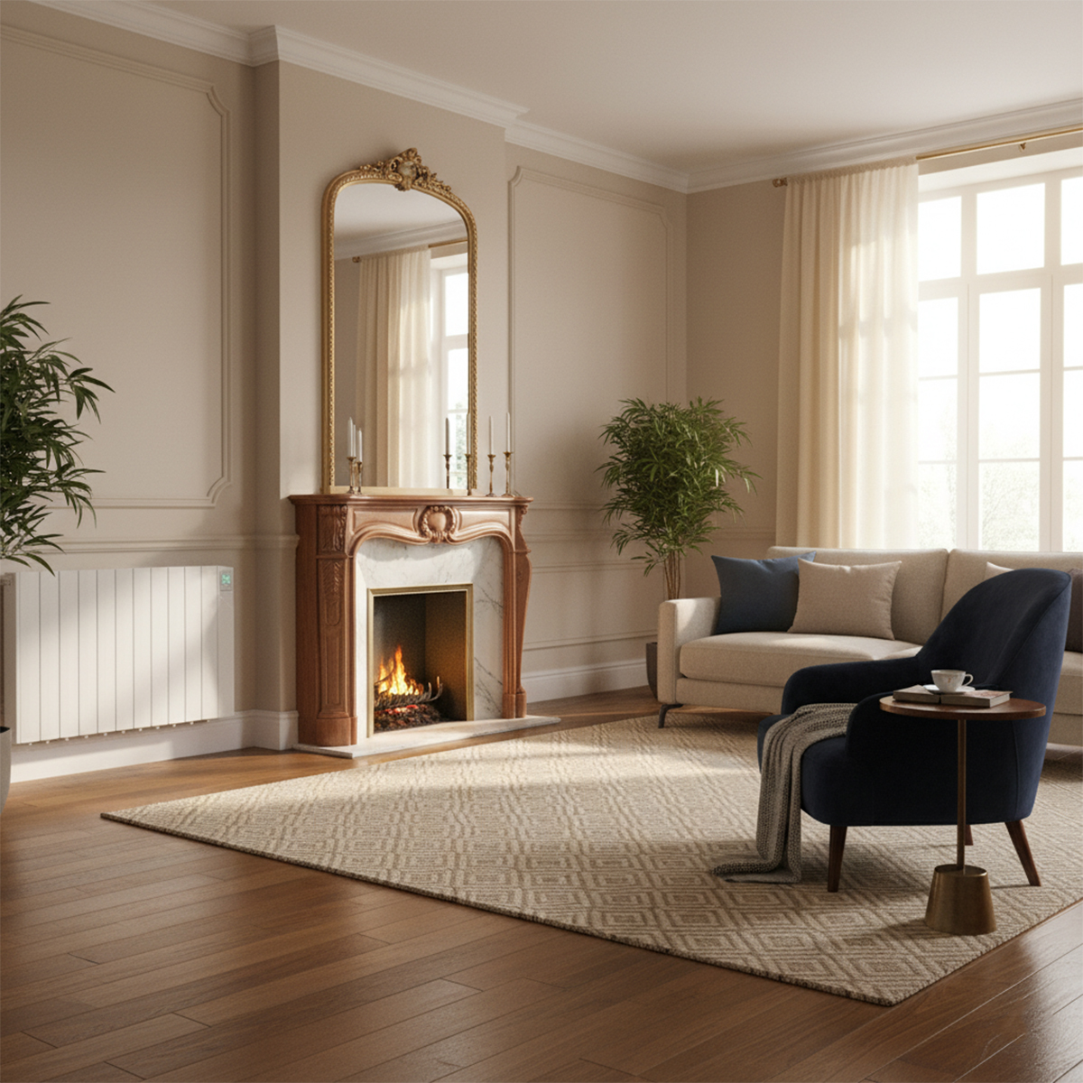 Salón con chimenea, espejo, sofá, sillón, alfombra y plantas. Colores cálidos, suelo de madera. Taza en mesa auxiliar.