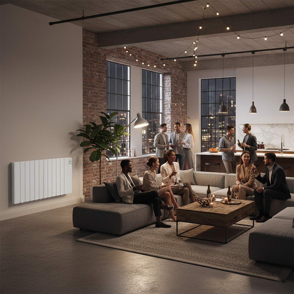 Una reunión en un loft moderno. La gente socializa alrededor de una mesa de café. Un calefactor blanco en la pared. Luces de la ciudad afuera.