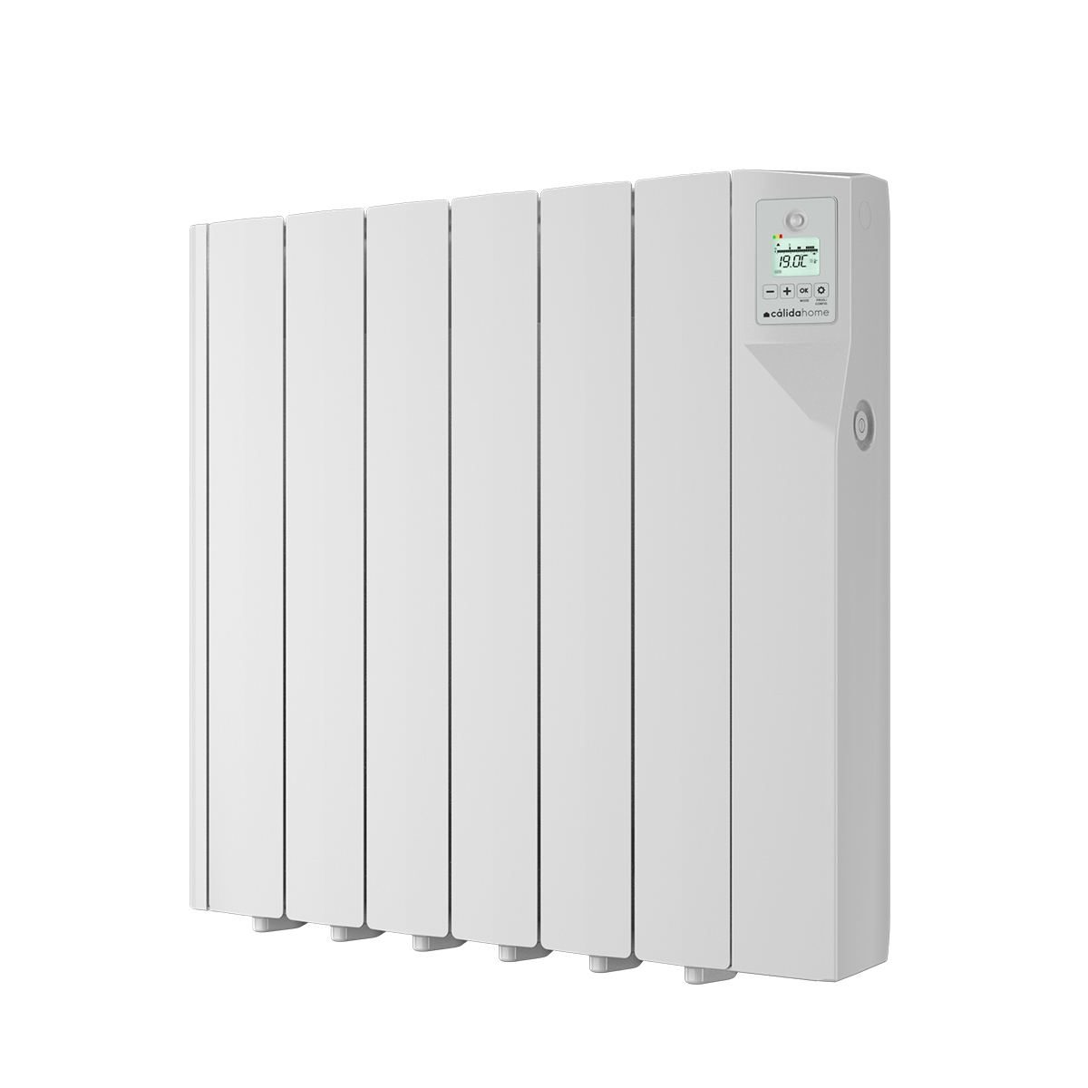 Un radiador eléctrico blanco con pantalla digital que muestra 19,0 °C. El radiador tiene paneles verticales y un panel de control.