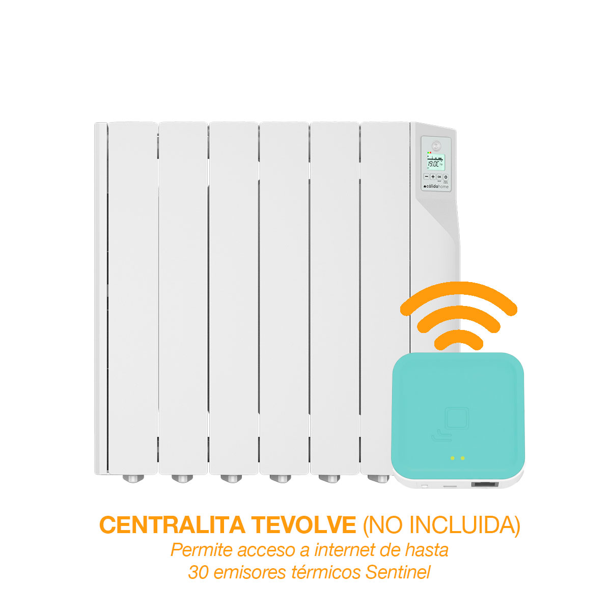 Radiador blanco con pantalla digital, dispositivo doméstico inteligente turquesa con símbolo wifi. Texto: CENTRALITA TEVOLVE, acceso a internet para 30 dispositivos.