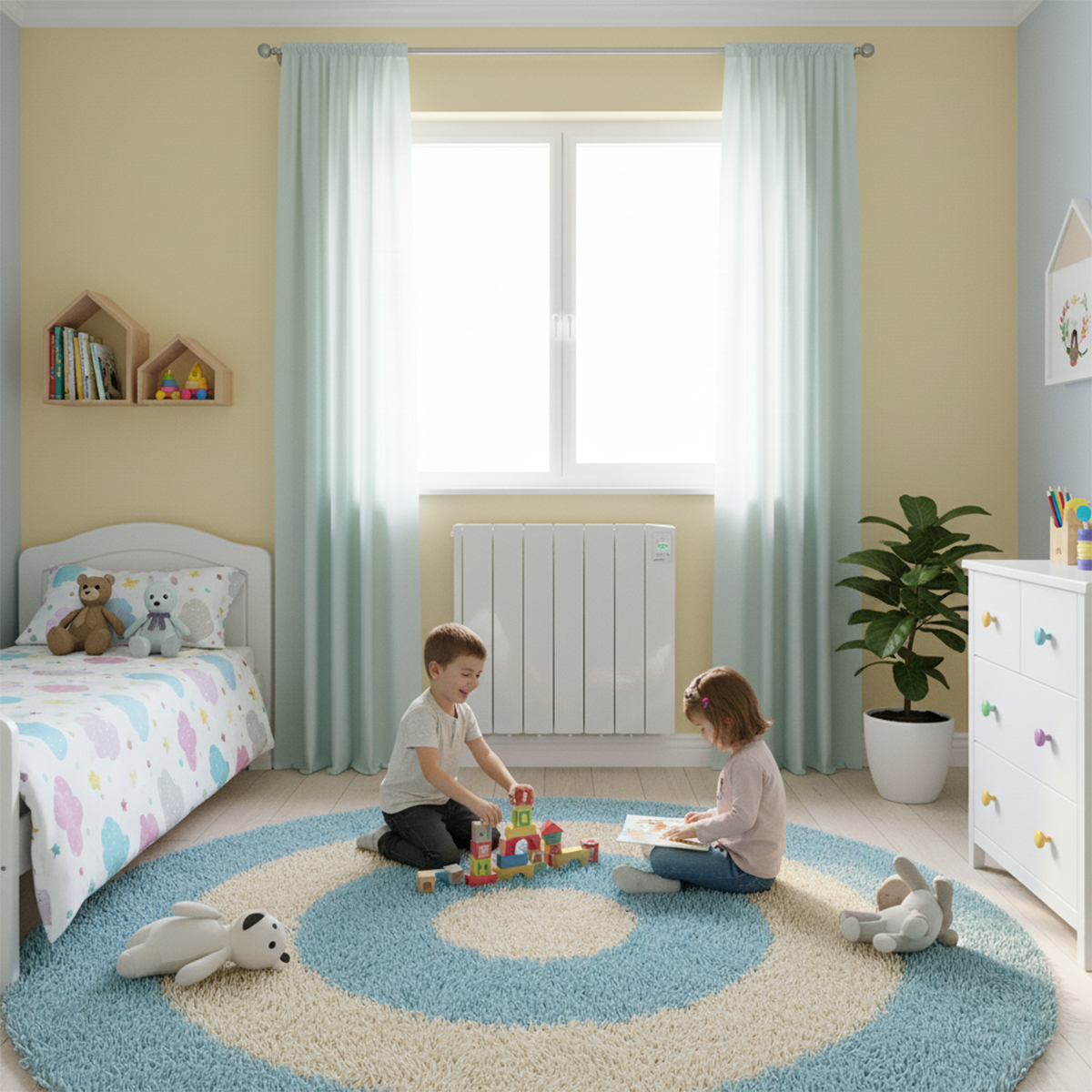 Una habitación con dos niños jugando en una alfombra. Uno construye bloques, el otro lee. También hay una cama, una cómoda y una planta.