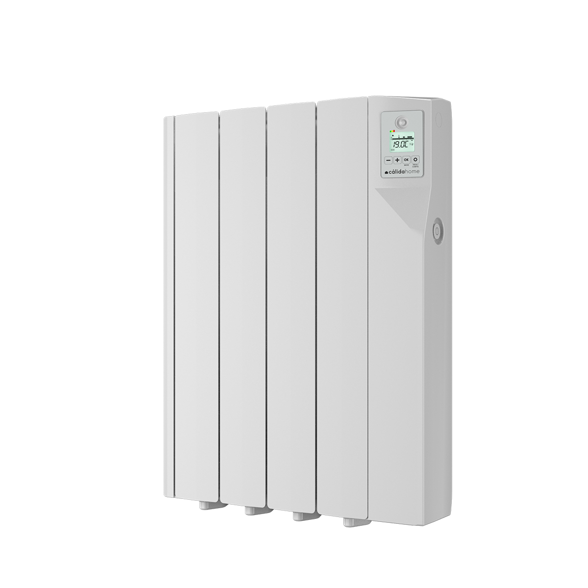 Un calefactor eléctrico blanco con pantalla digital que muestra 19,0 °C. Tiene barras verticales y botones de control.